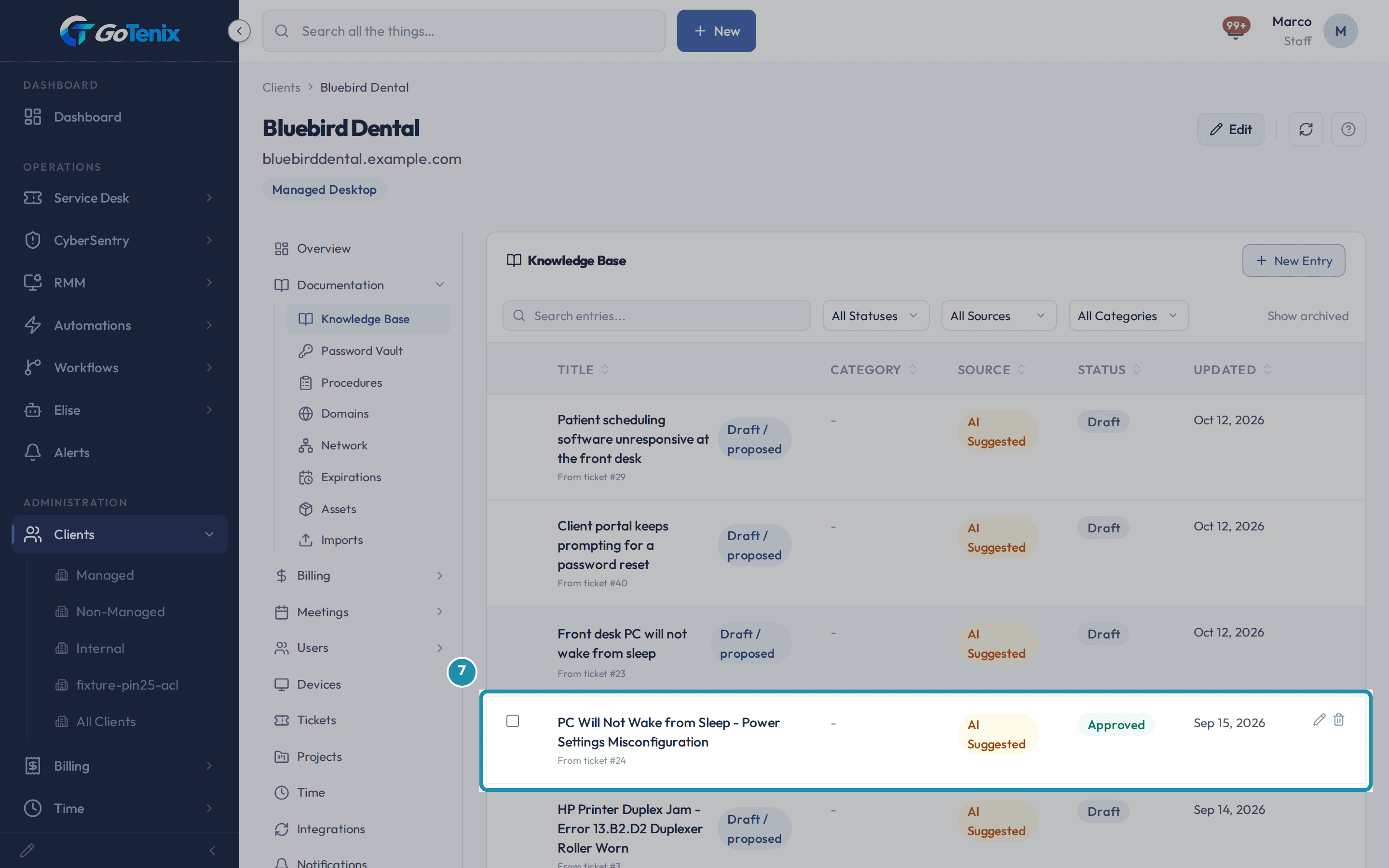 The Knowledge Base list under Documentation on the client Bluebird Dental, with the article row for a fixed ticket boxed: its title, From ticket number, the AI Suggested source and the Approved status. Draft / proposed rows sit above it in the same list.