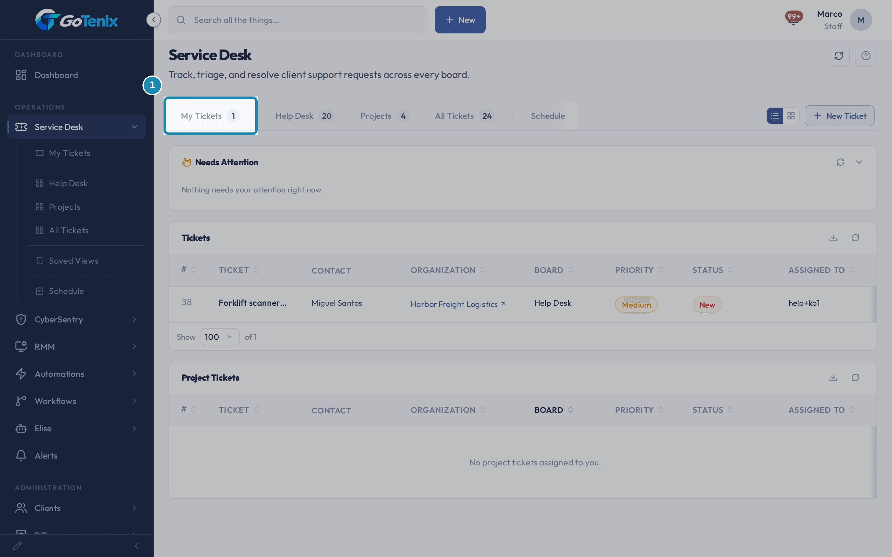 The Service Desk page open on the My Tickets tab, which is boxed, with the Needs Attention card, a Tickets section and a Project Tickets section below it.