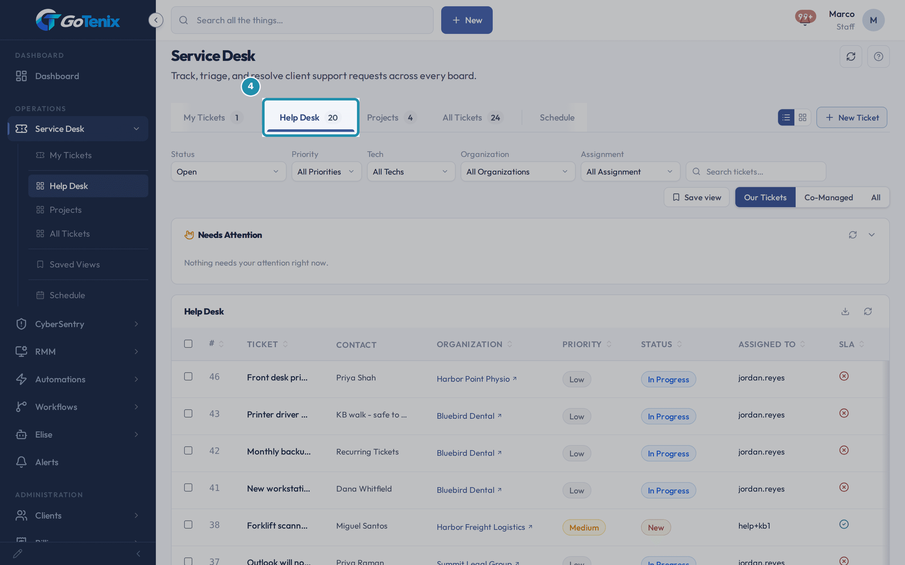 The Service Desk page on the Help Desk board tab, which is boxed, with the filter bar of Status, Priority, Tech, Organization and Assignment, the search box and Save view above the ticket list.
