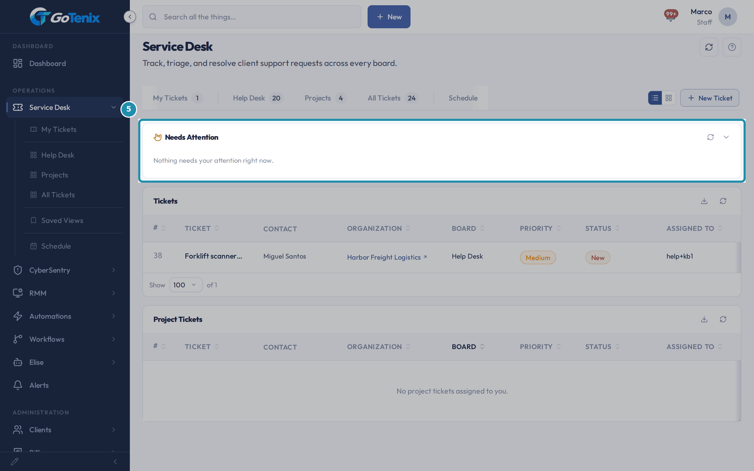 The Service Desk page with the Needs Attention card boxed above the ticket list.