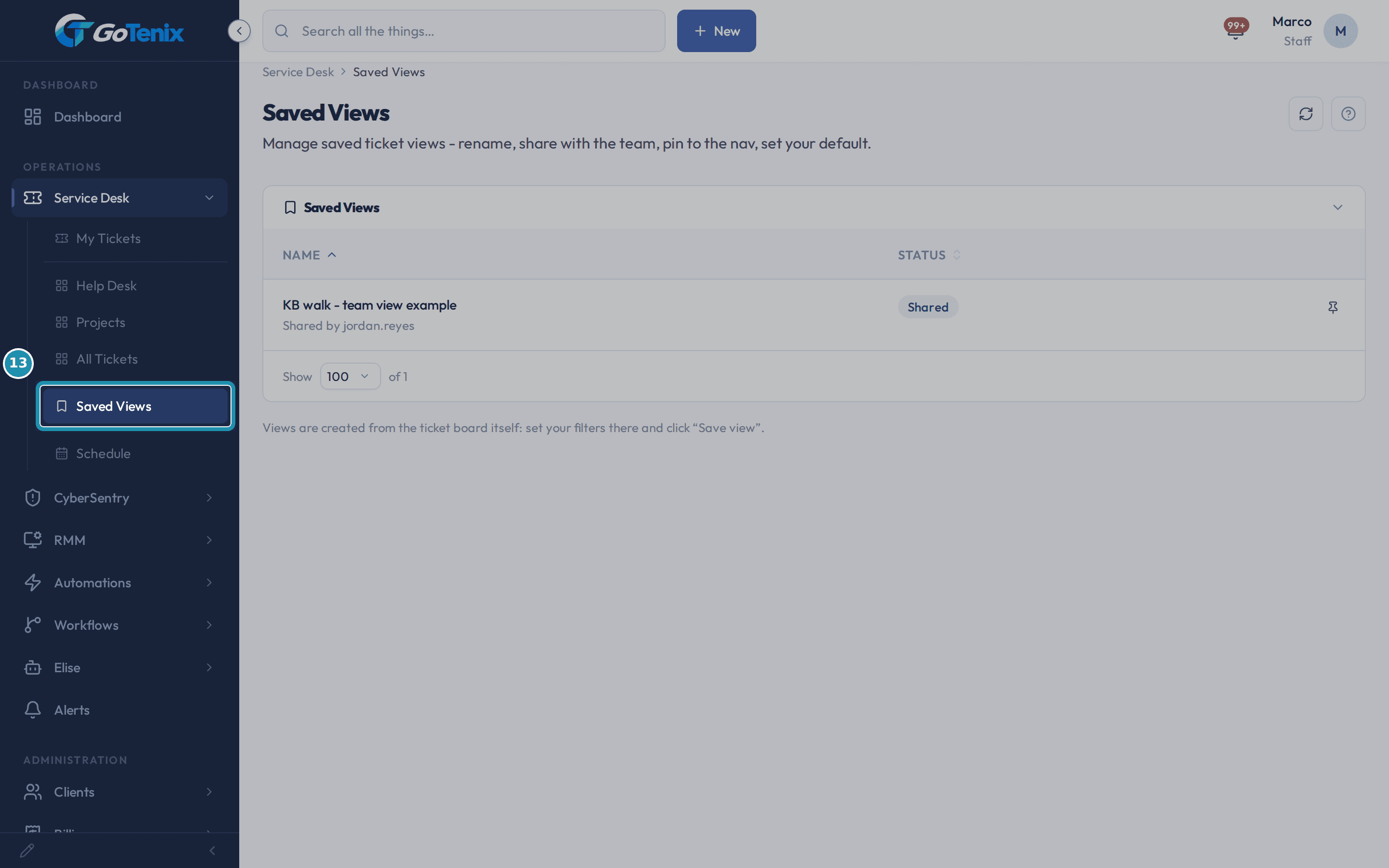 The Saved Views page under Service Desk, boxed in the side bar, listing the saved views with their Status.