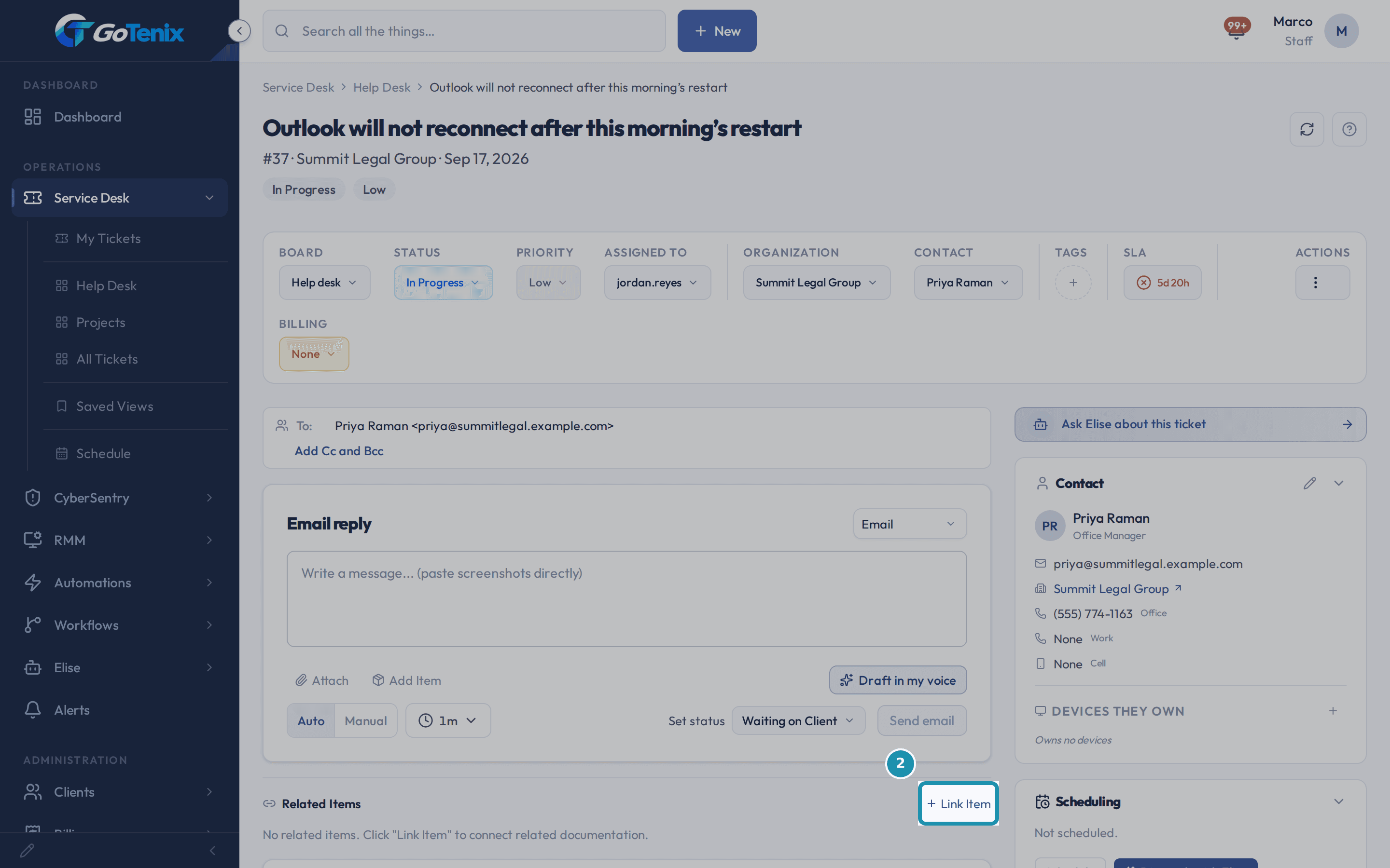 A ticket page with the Link Item button boxed in the Related Items section.