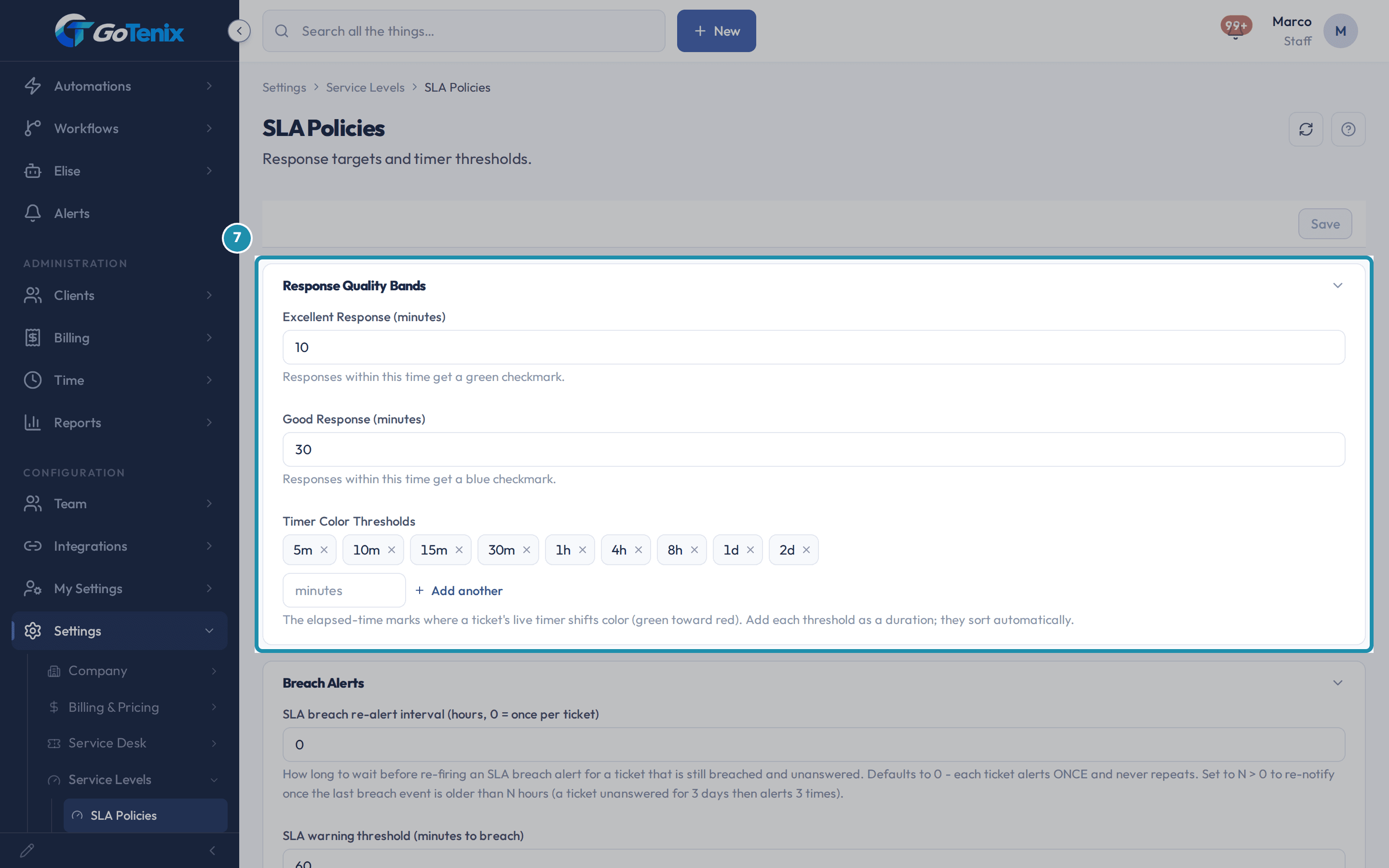Settings, Service Levels, SLA Policies with the Response Quality Bands card boxed: excellent and good response minutes and the timer color thresholds.