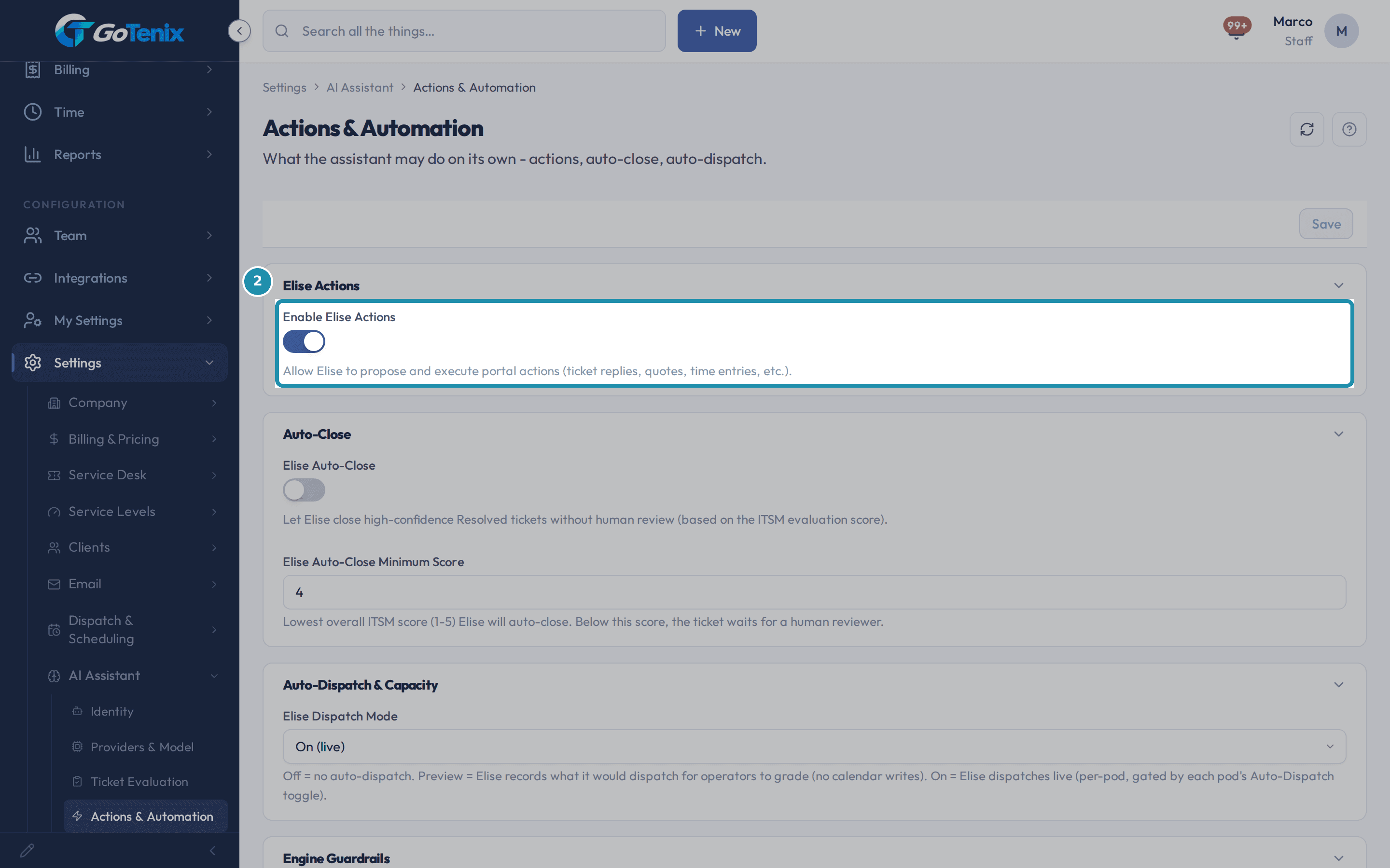 The Actions & Automation settings page with the Enable Elise Actions switch boxed under the Elise Actions heading.