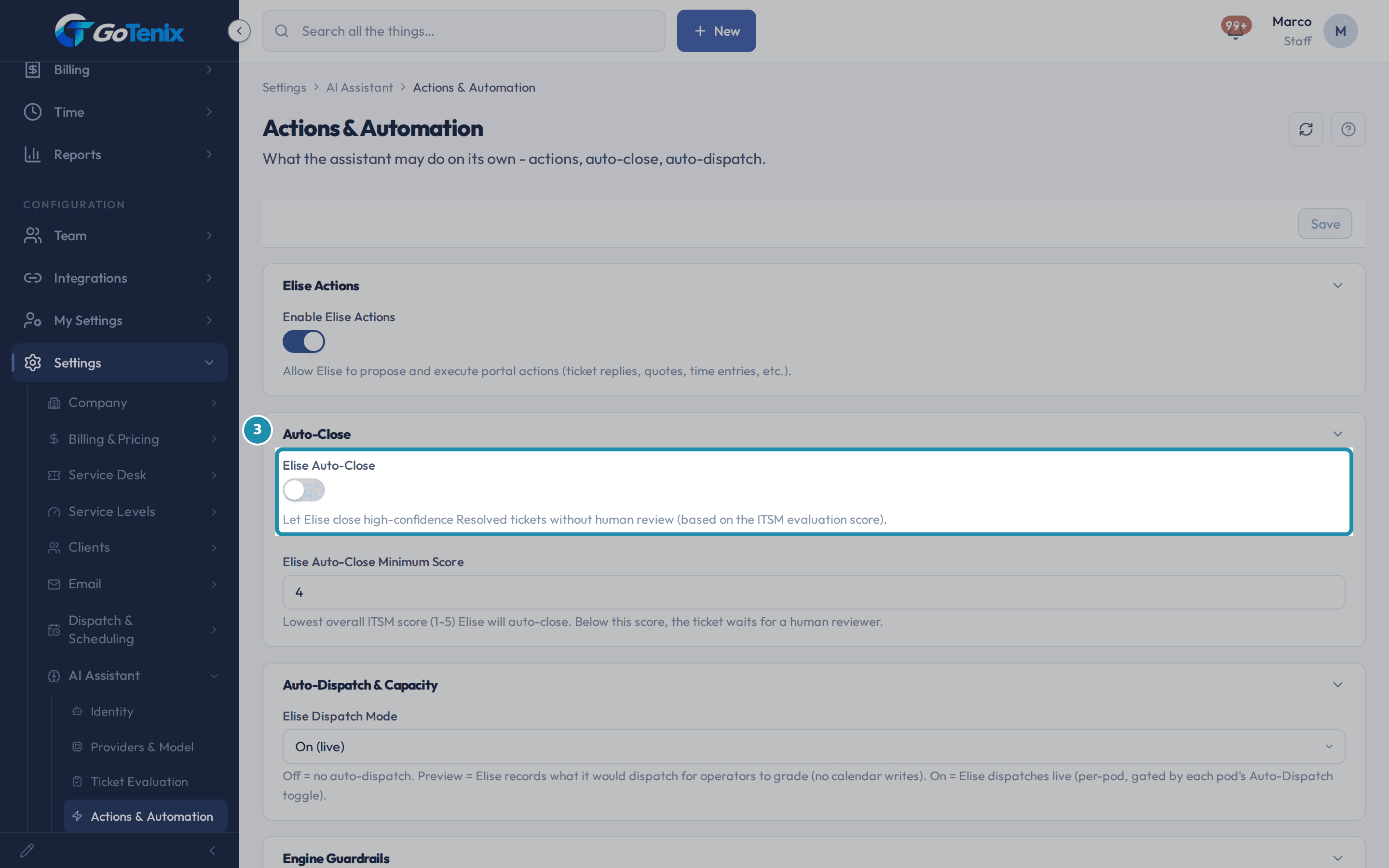 The Actions & Automation settings page with the Elise Auto-Close switch boxed under the Auto-Close heading.