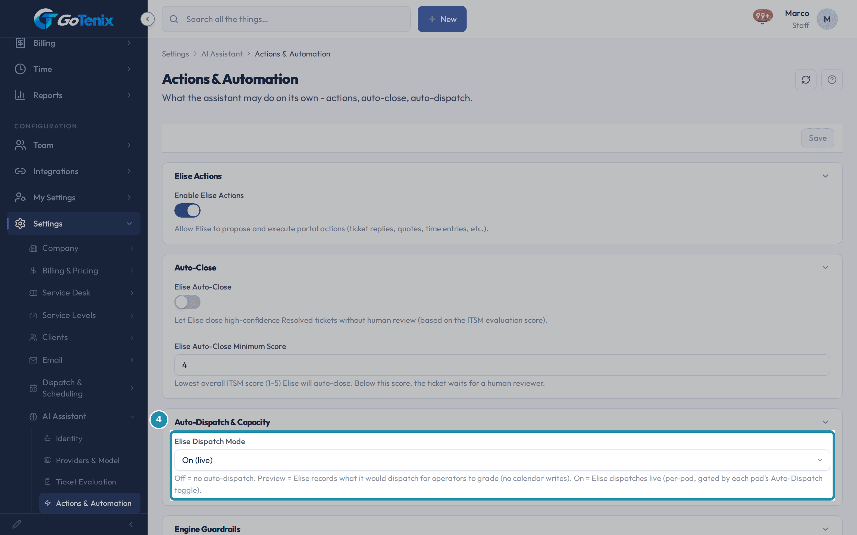 The Actions & Automation settings page with the Elise Dispatch Mode choice, set to On (live), boxed under Auto-Dispatch & Capacity.