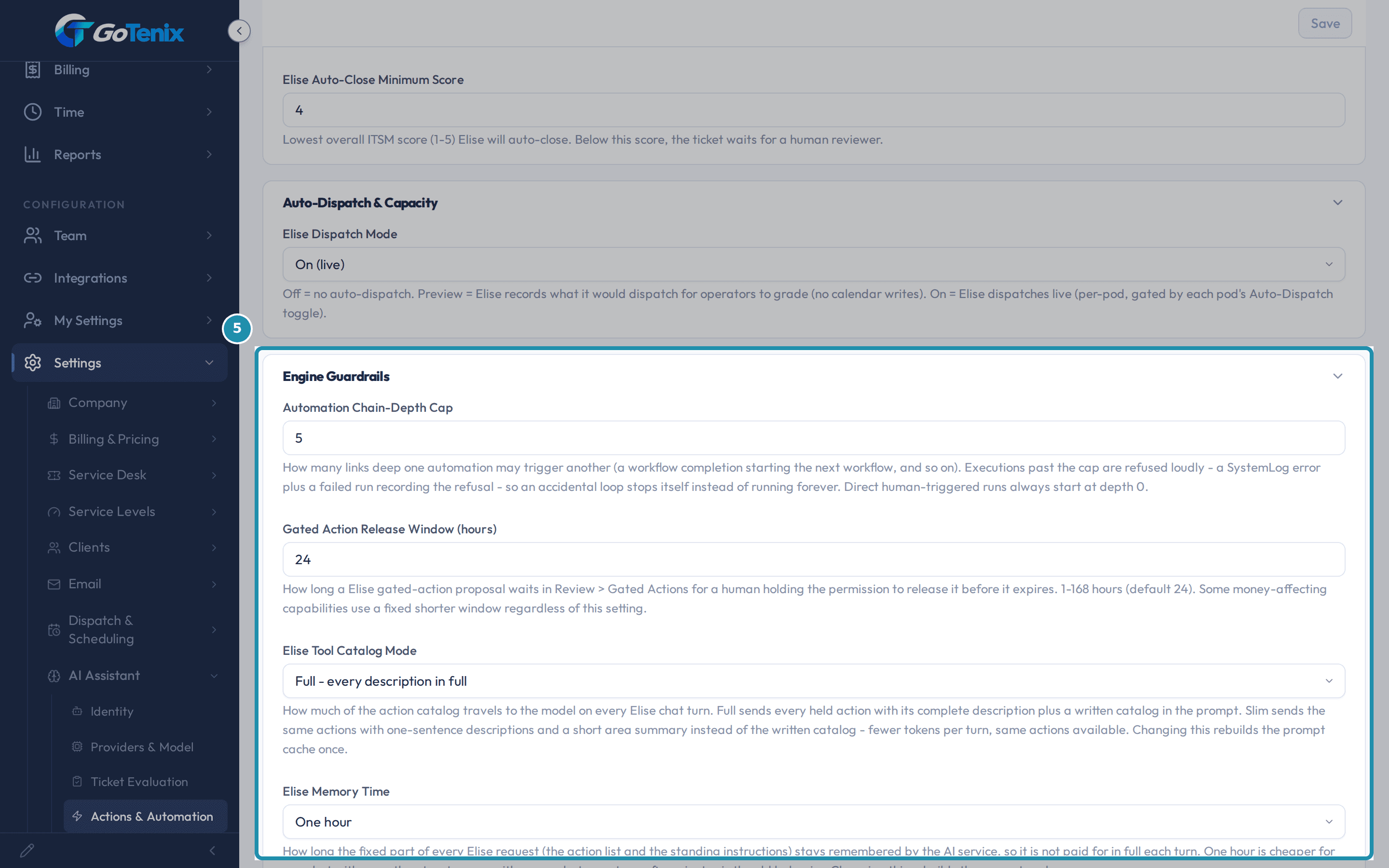 The Engine Guardrails section of the Actions & Automation page, boxed, with the Automation Chain-Depth Cap and the Gated Action Release Window.