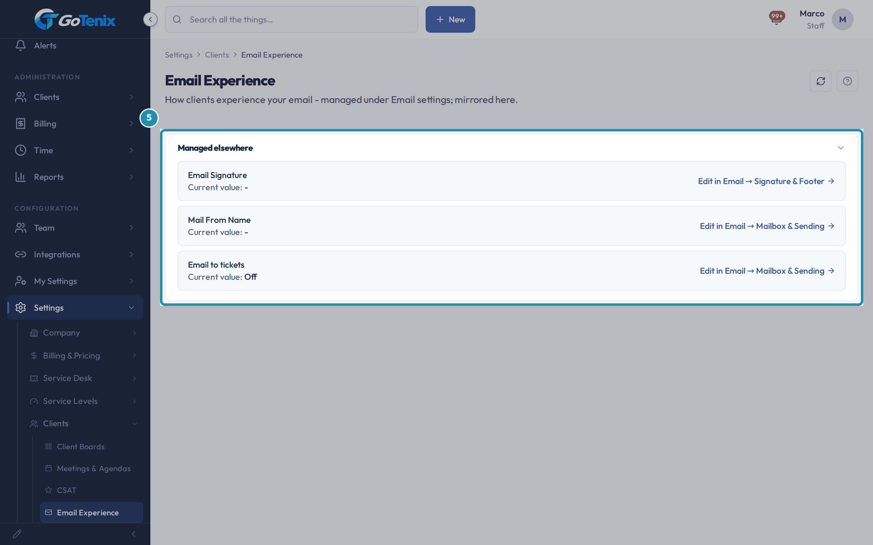 The Email Experience settings page with the Managed elsewhere card boxed: Email Signature, Mail From Name and Email to tickets, each with a link to where it is edited.