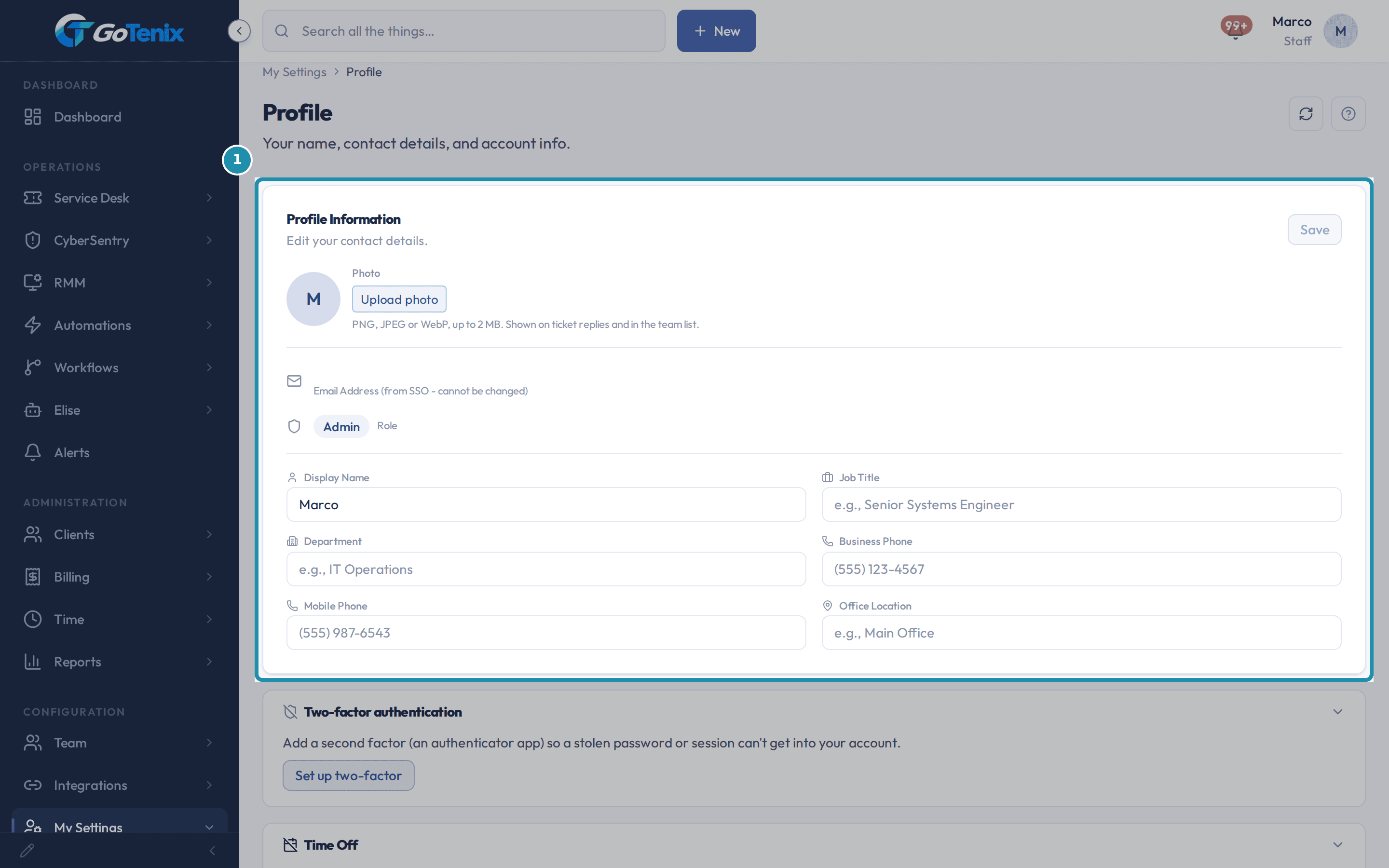 My Settings, Profile with the Profile Information card boxed: photo, role and the name and contact fields.