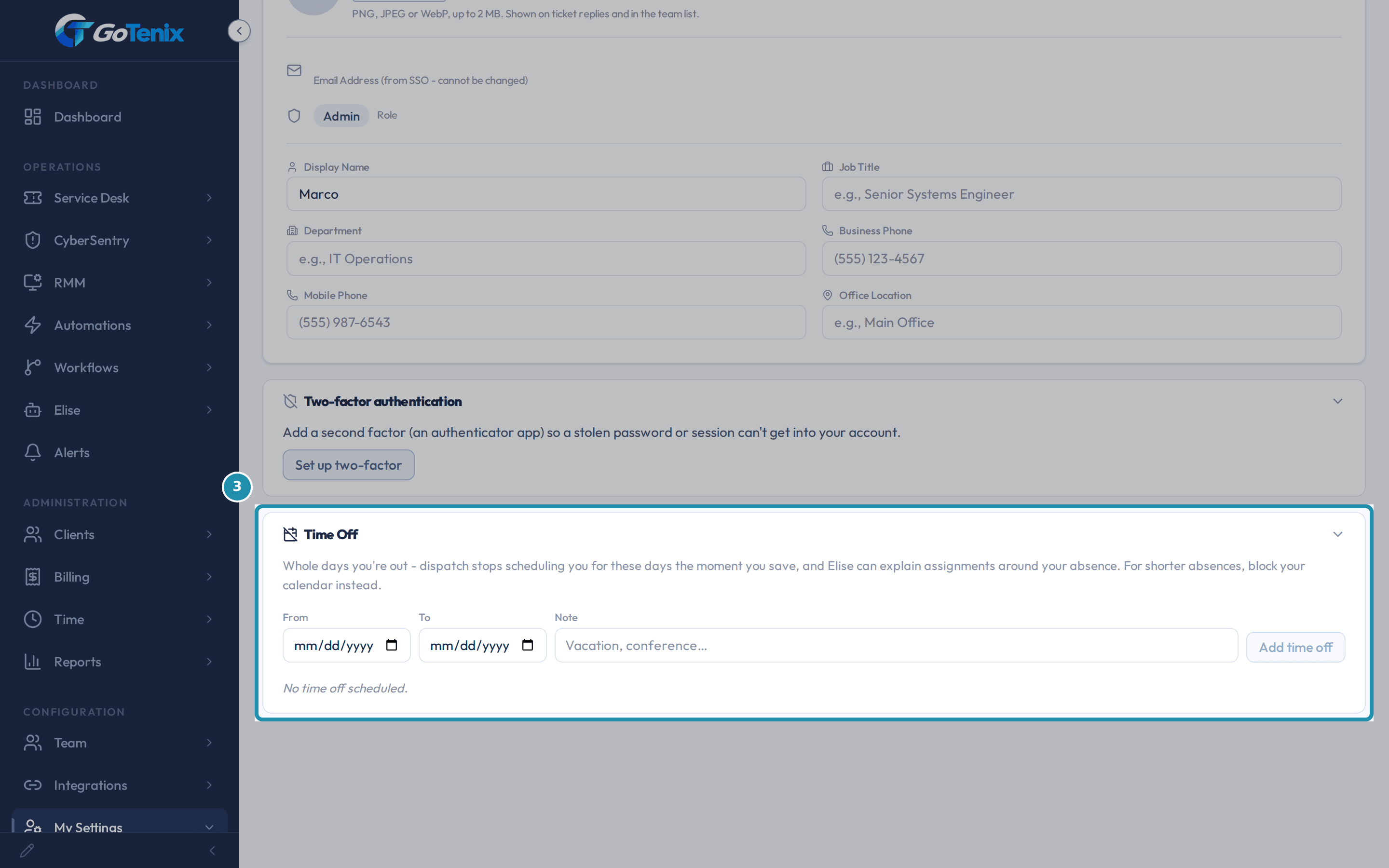 The Time Off card on the Profile page, boxed, with the From, To and Note fields and the Add time off button.