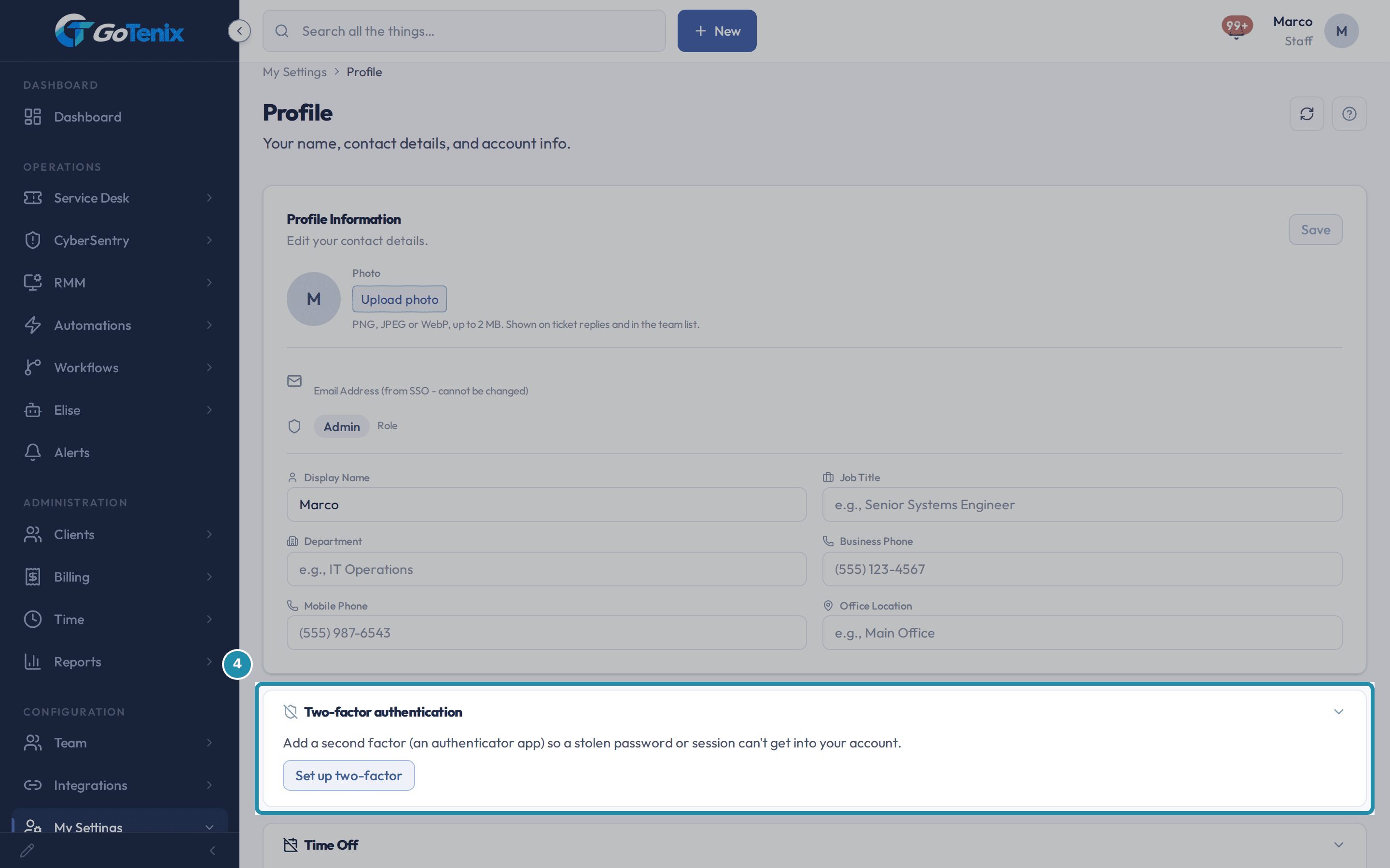 The Two-factor authentication card on the Profile page, boxed, with the Set up two-factor button.