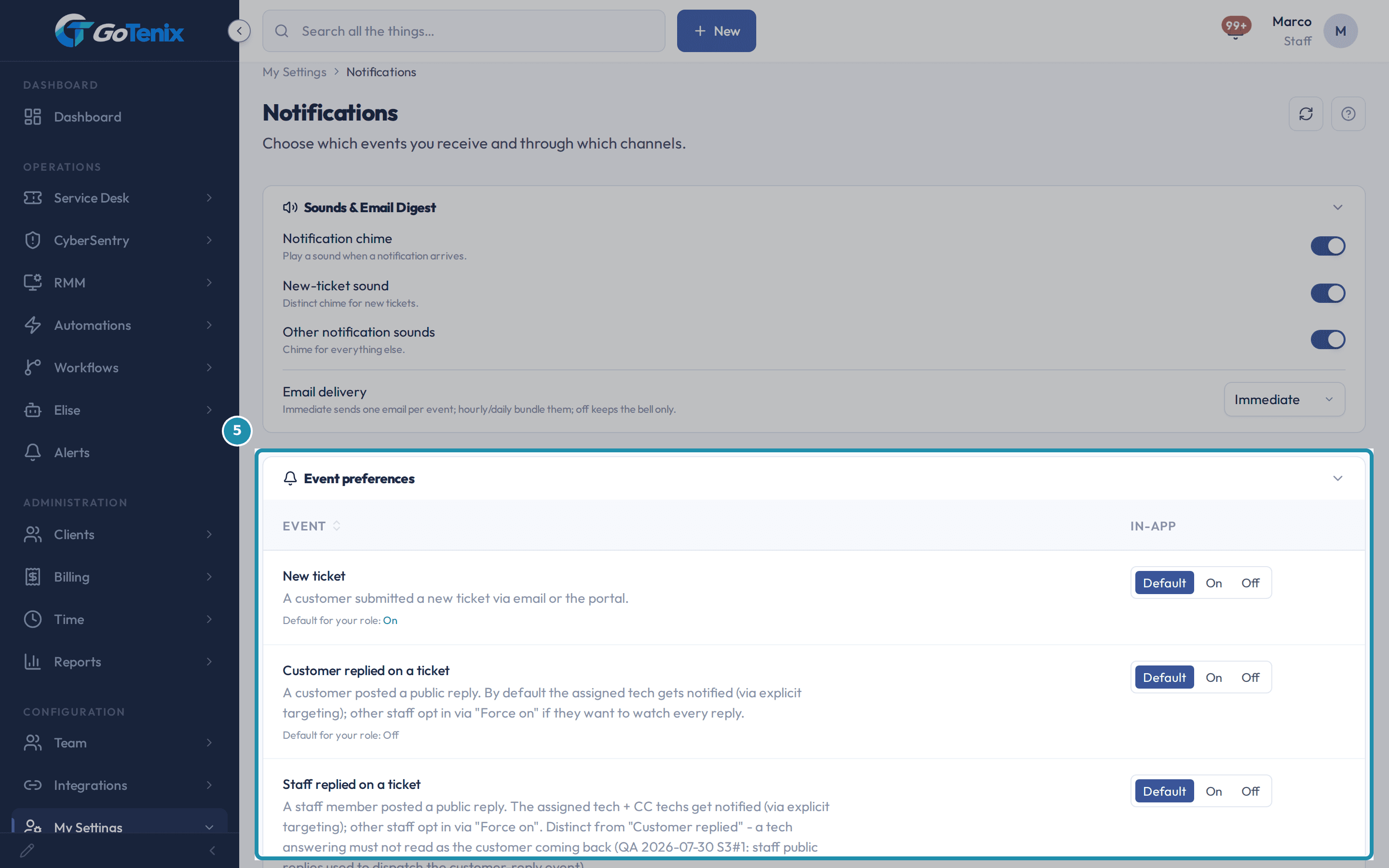 My Settings, Notifications with the Event preferences card boxed: each event has Default, On and Off choices.