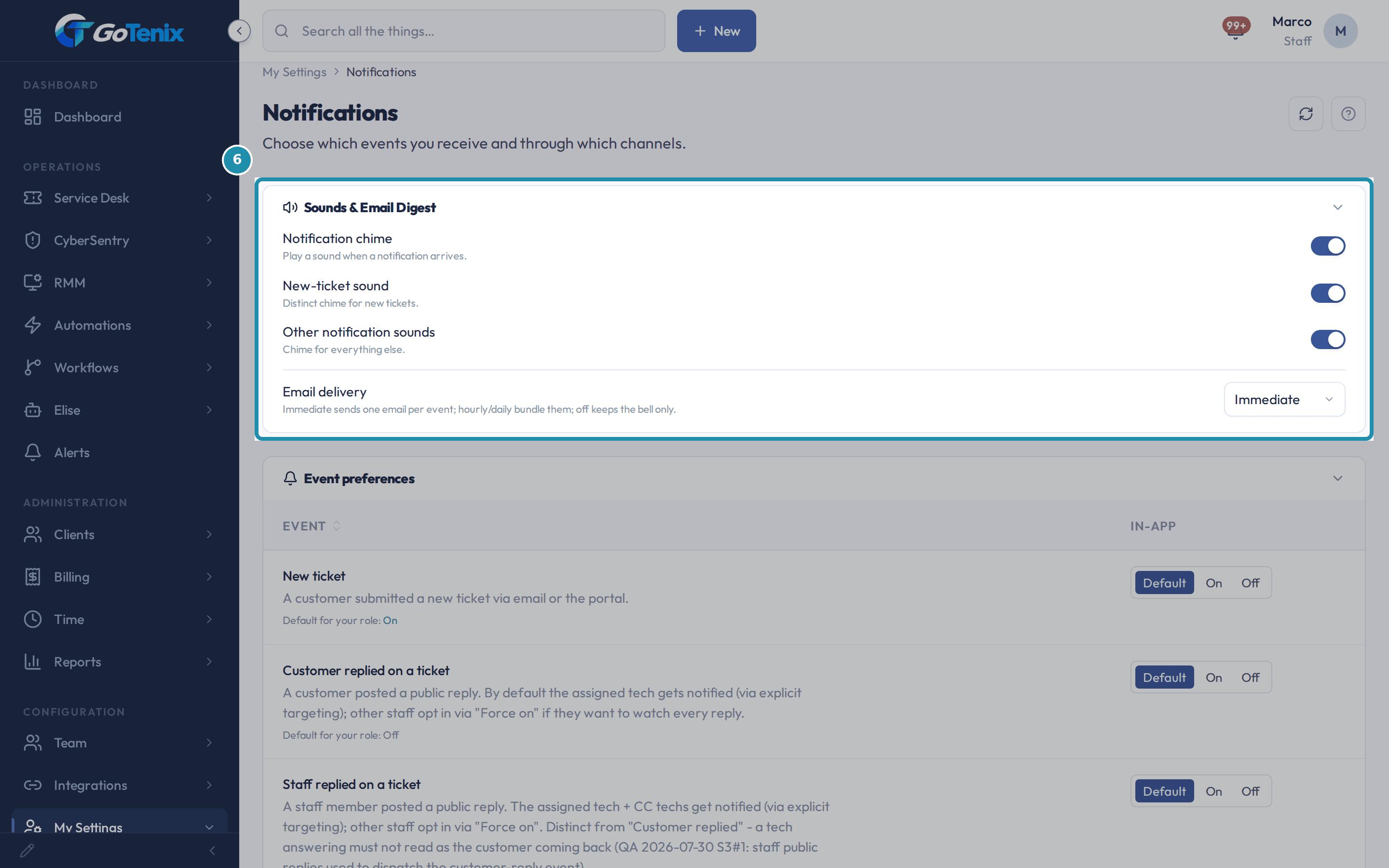My Settings, Notifications with the Sounds & Email Digest card boxed: the sound switches and Email delivery.