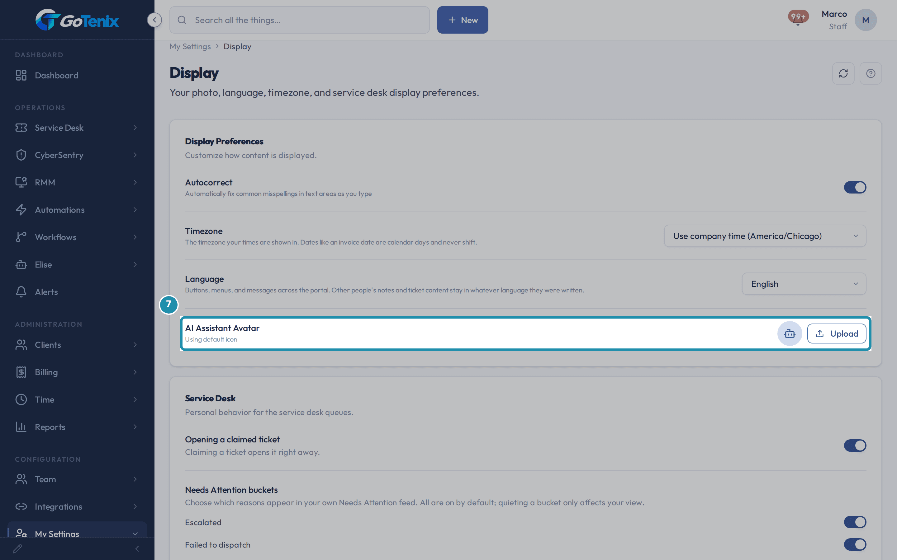 My Settings, Display with the AI Assistant Avatar row boxed, with its Upload button.