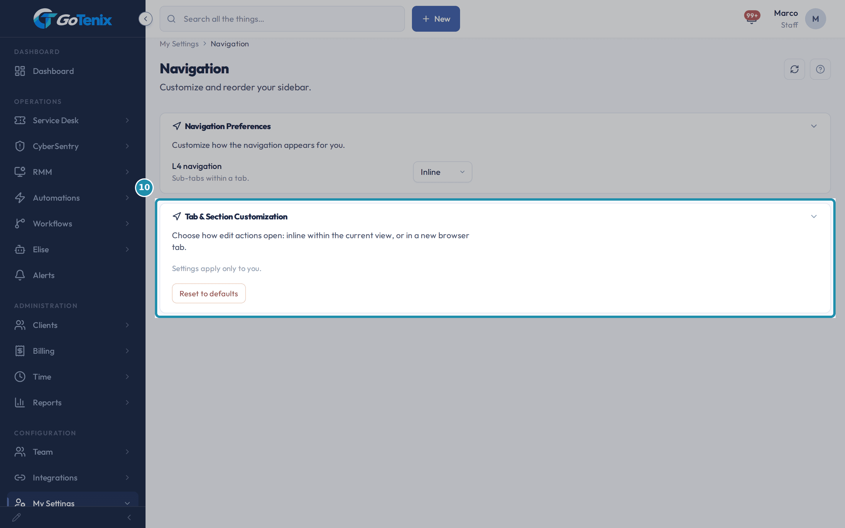 My Settings, Navigation with the Tab & Section Customization card boxed, including Reset to defaults.