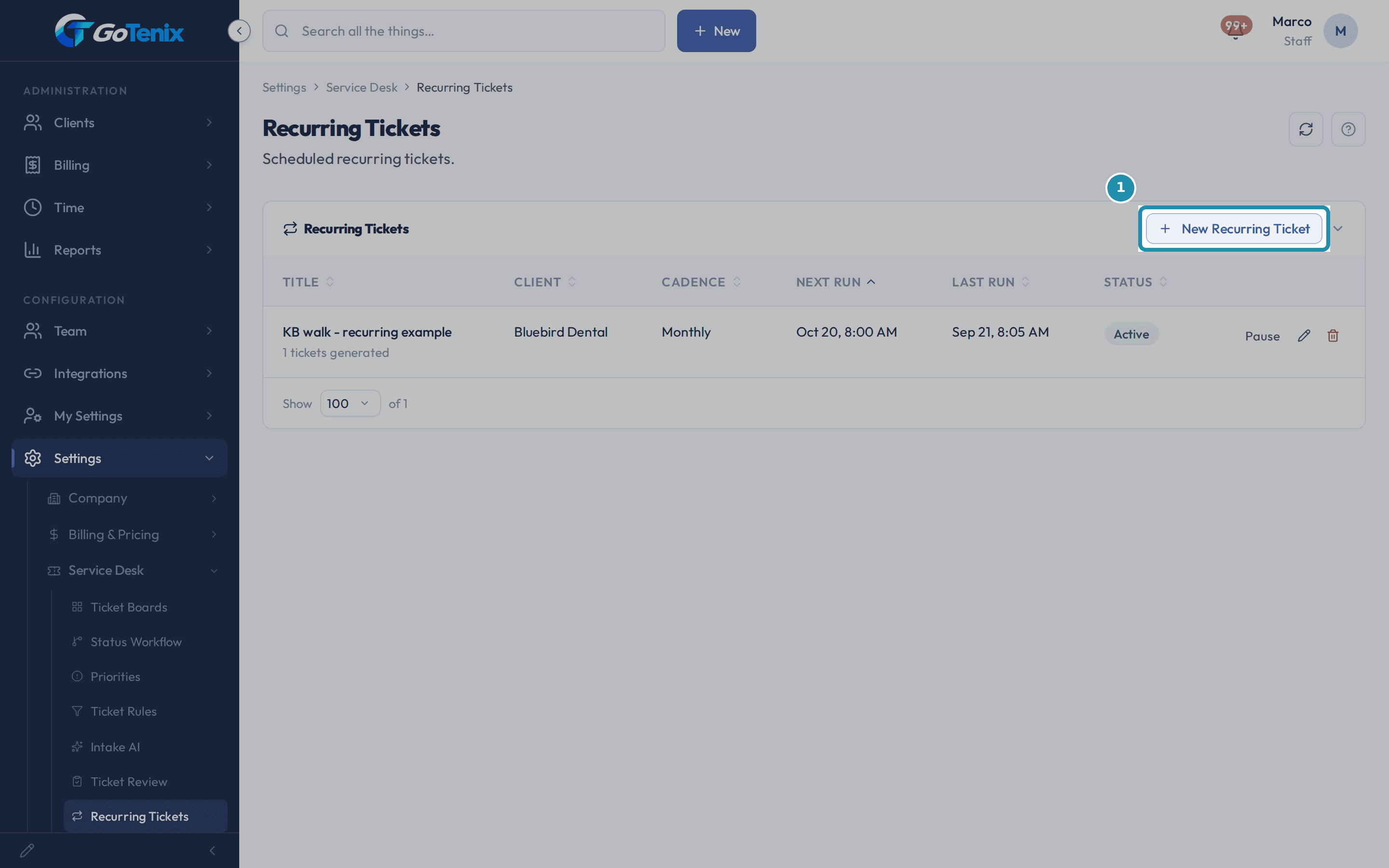 The Recurring Tickets settings page with the New Recurring Ticket button boxed above the list of rules.