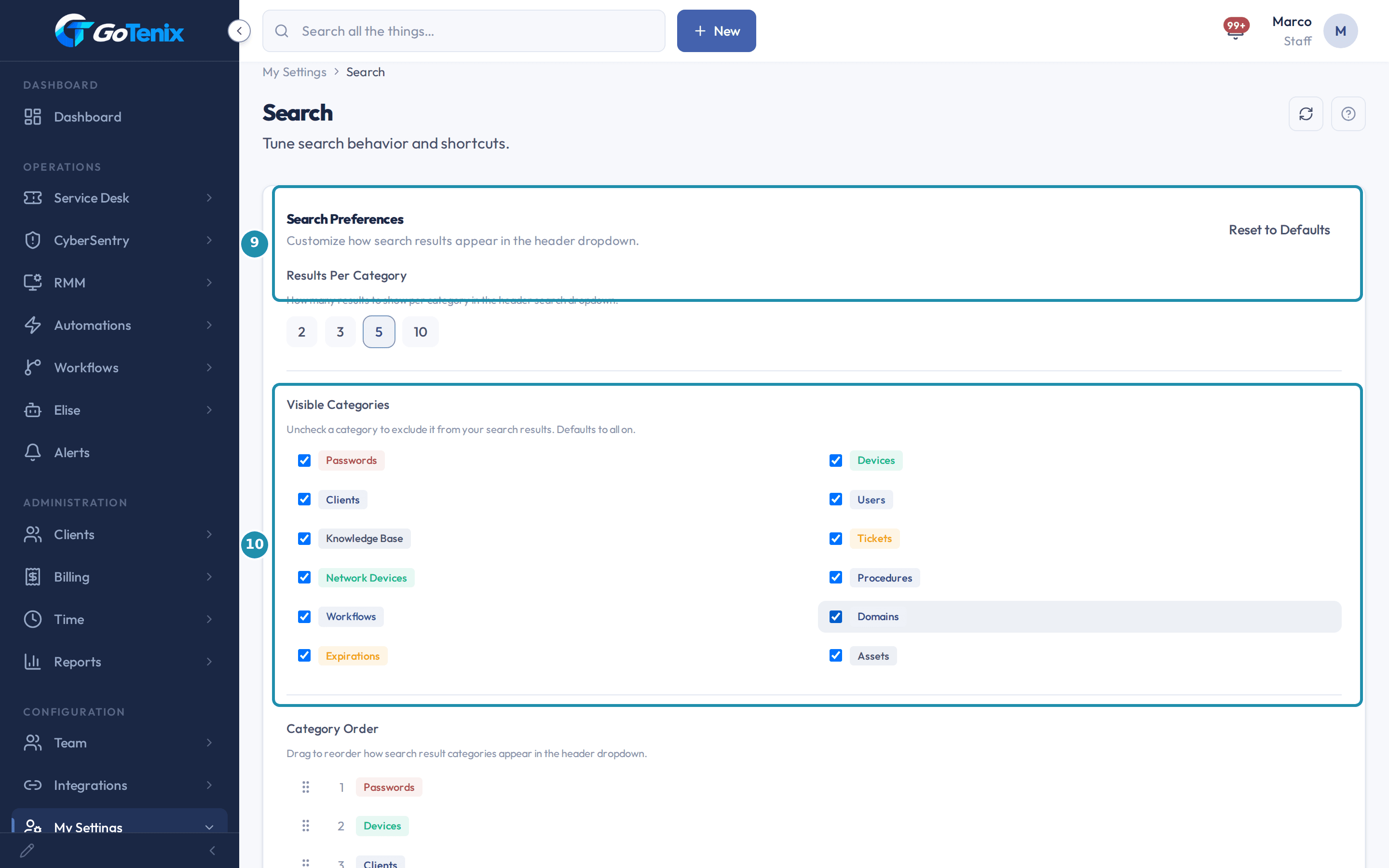The Search page under My Settings with numbered badges on the Search Preferences card with Results Per Category (2, 3, 5 or 10) and on the Visible Categories checkboxes.