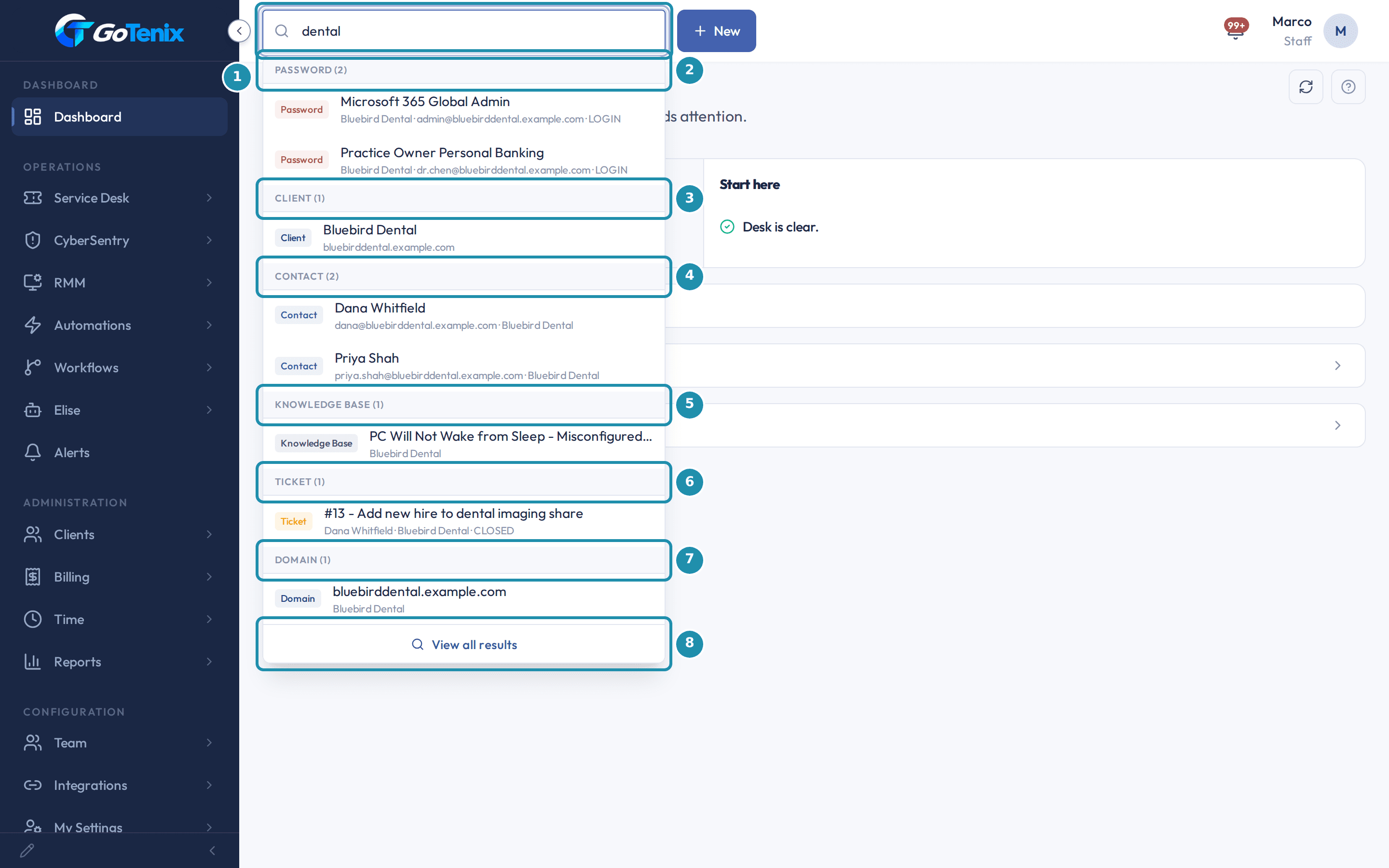 The header search dropdown open for the query dental, with numbered badges on the search box, the Password, Client, Contact, Knowledge Base, Ticket and Domain result groups and the View all results link.
