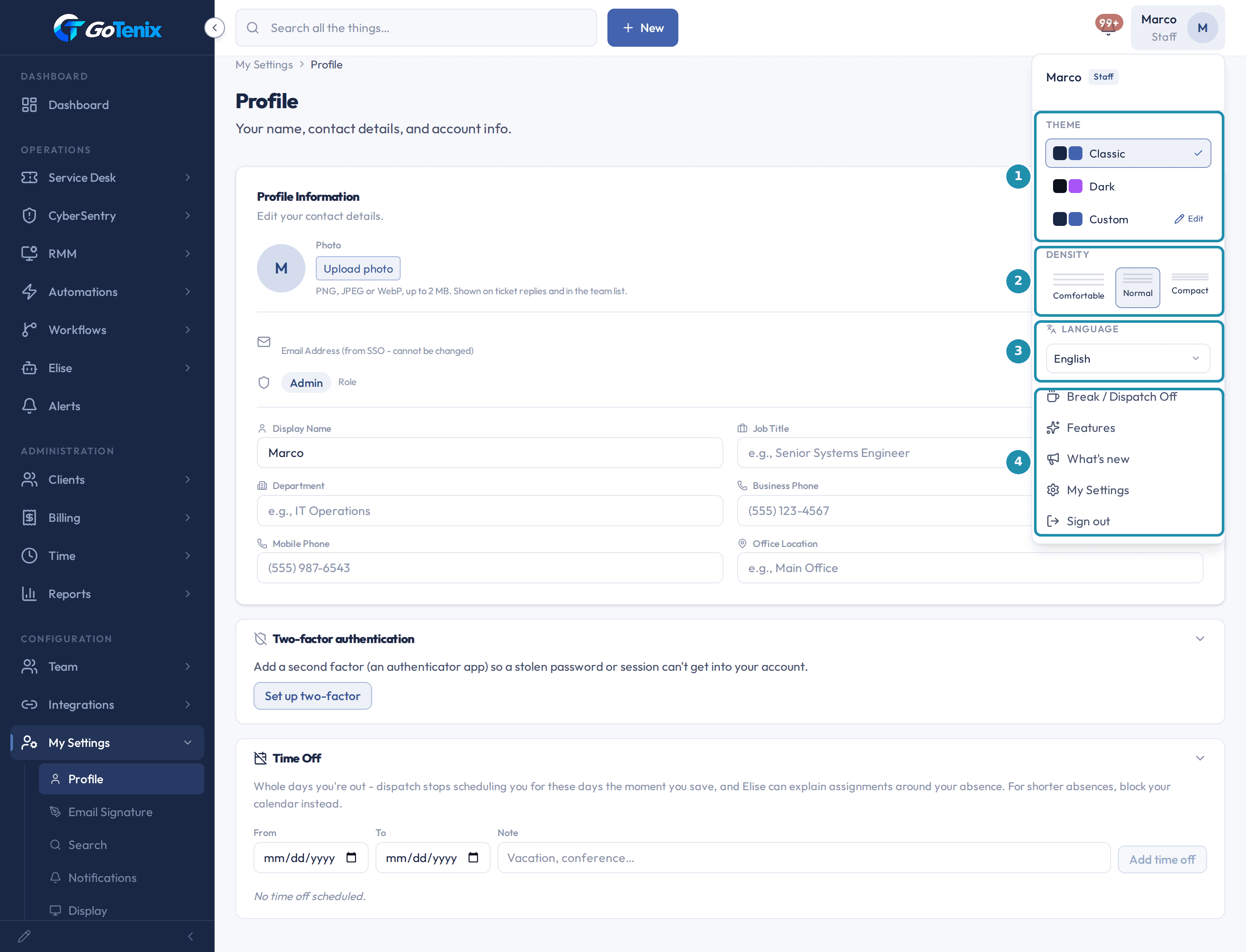 The name menu at the top right opened over the Profile page, with numbered badges on the Theme choices, the Density choices, the Language choice and the Features, My Settings and Sign out entries.
