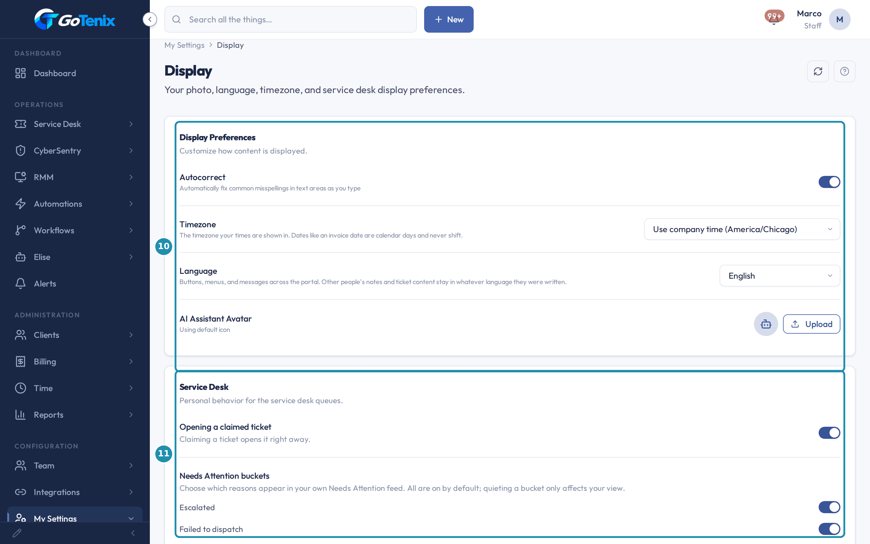 The My Settings Display page with numbered badges on the Display Preferences card (Autocorrect, Timezone, Language, AI Assistant Avatar) and the Service Desk card.