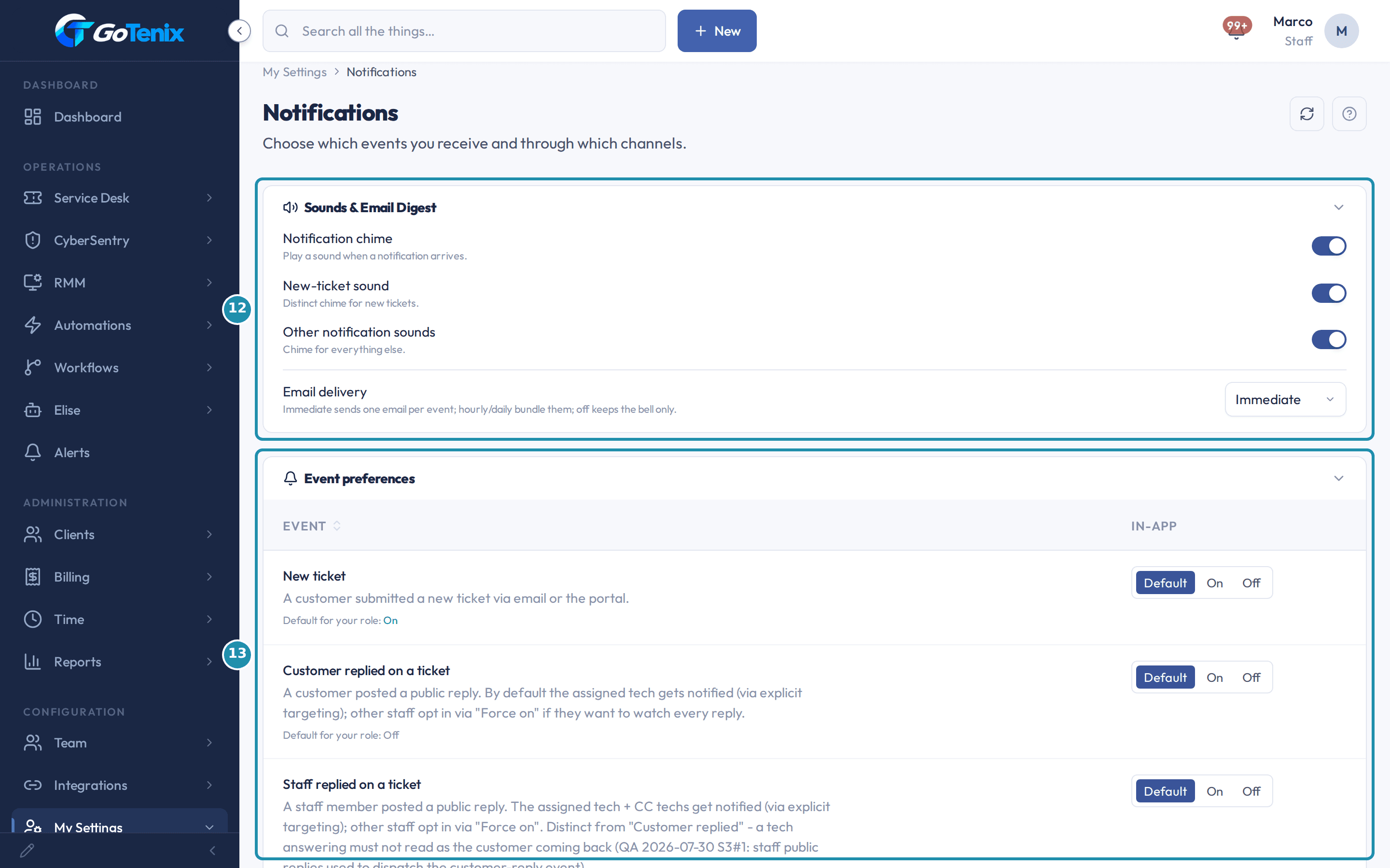 The My Settings Notifications page with numbered badges on Sounds & Email Digest and on the Event preferences table.