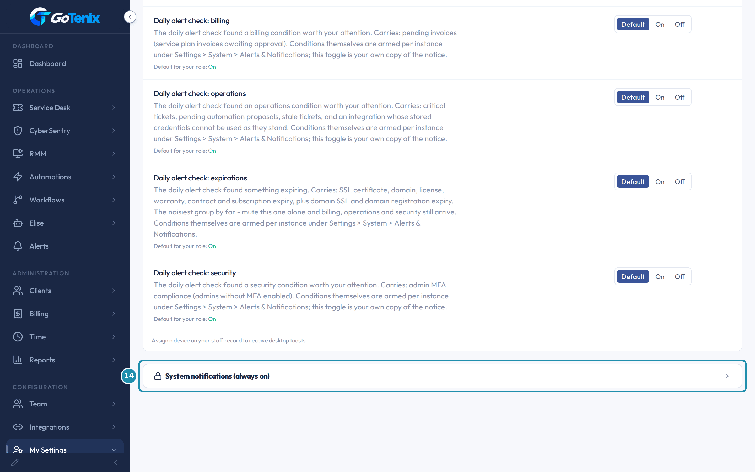The bottom of the Notifications page with a numbered badge on the System notifications (always on) section.