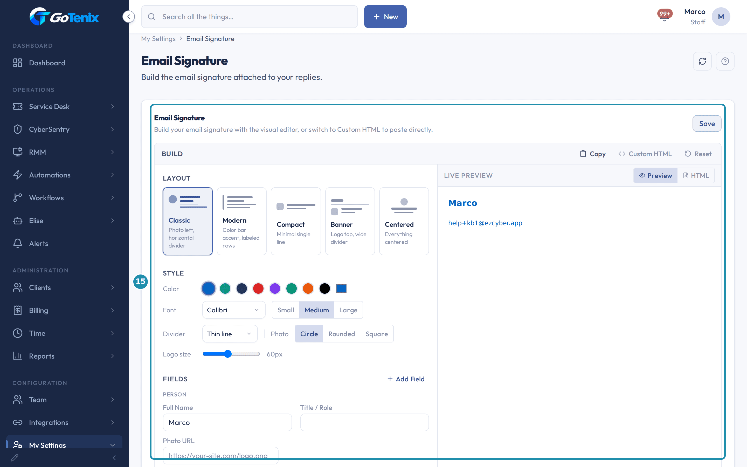 The My Settings Email Signature page with a numbered badge on the signature builder, its layouts and its live preview.