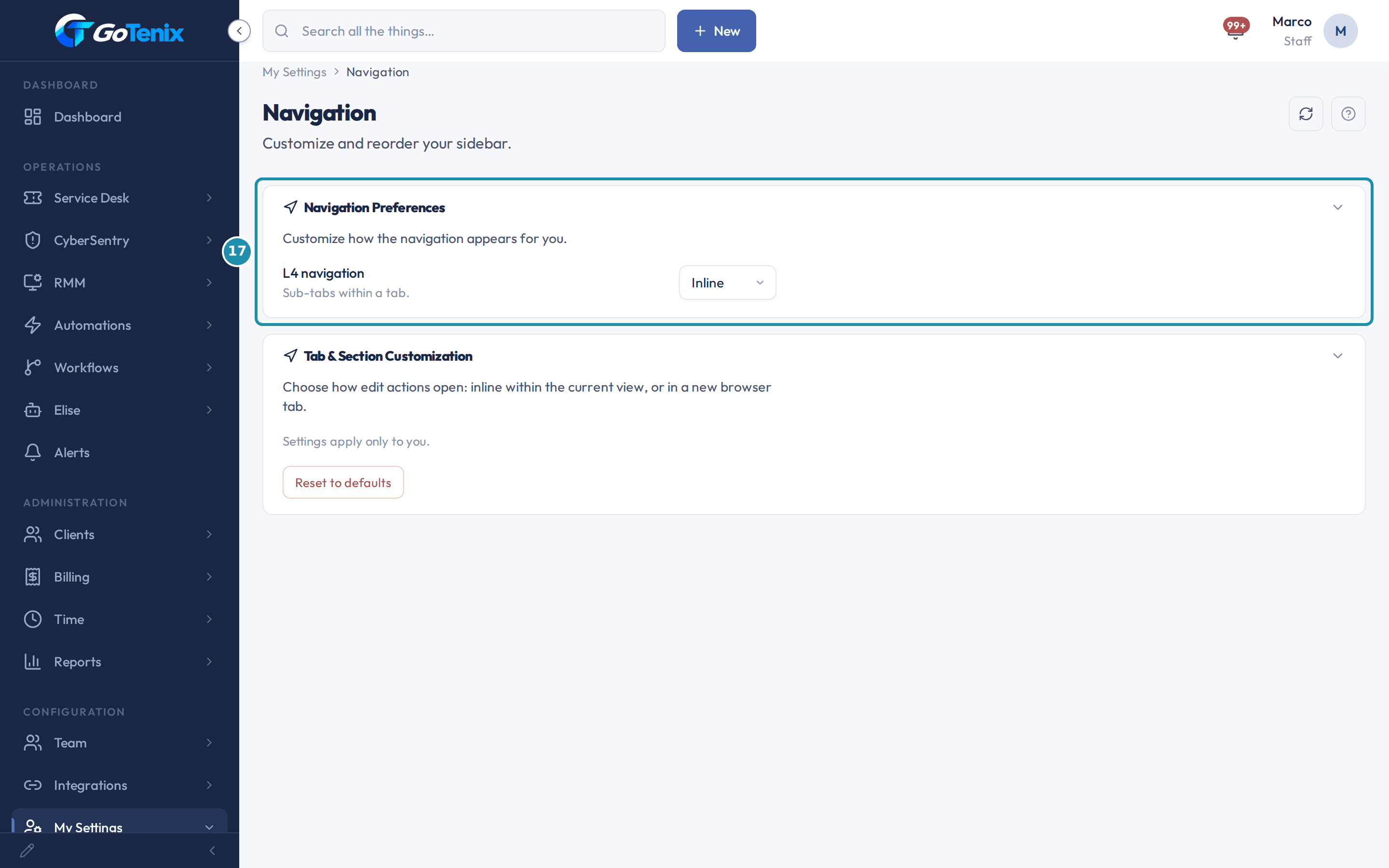 The My Settings Navigation page with a numbered badge on the Navigation Preferences card.