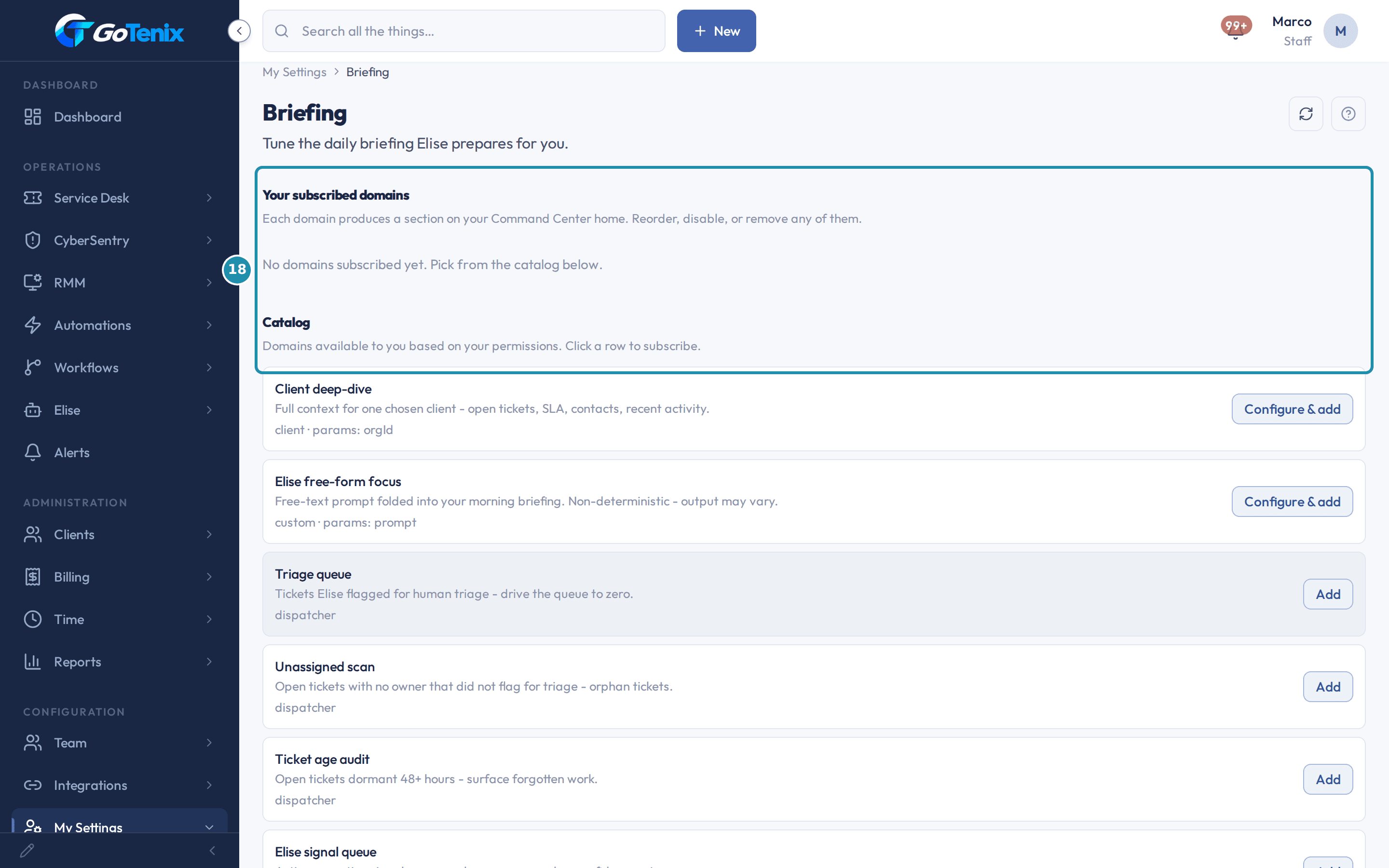 The My Settings Briefing page with a numbered badge on Your subscribed domains.