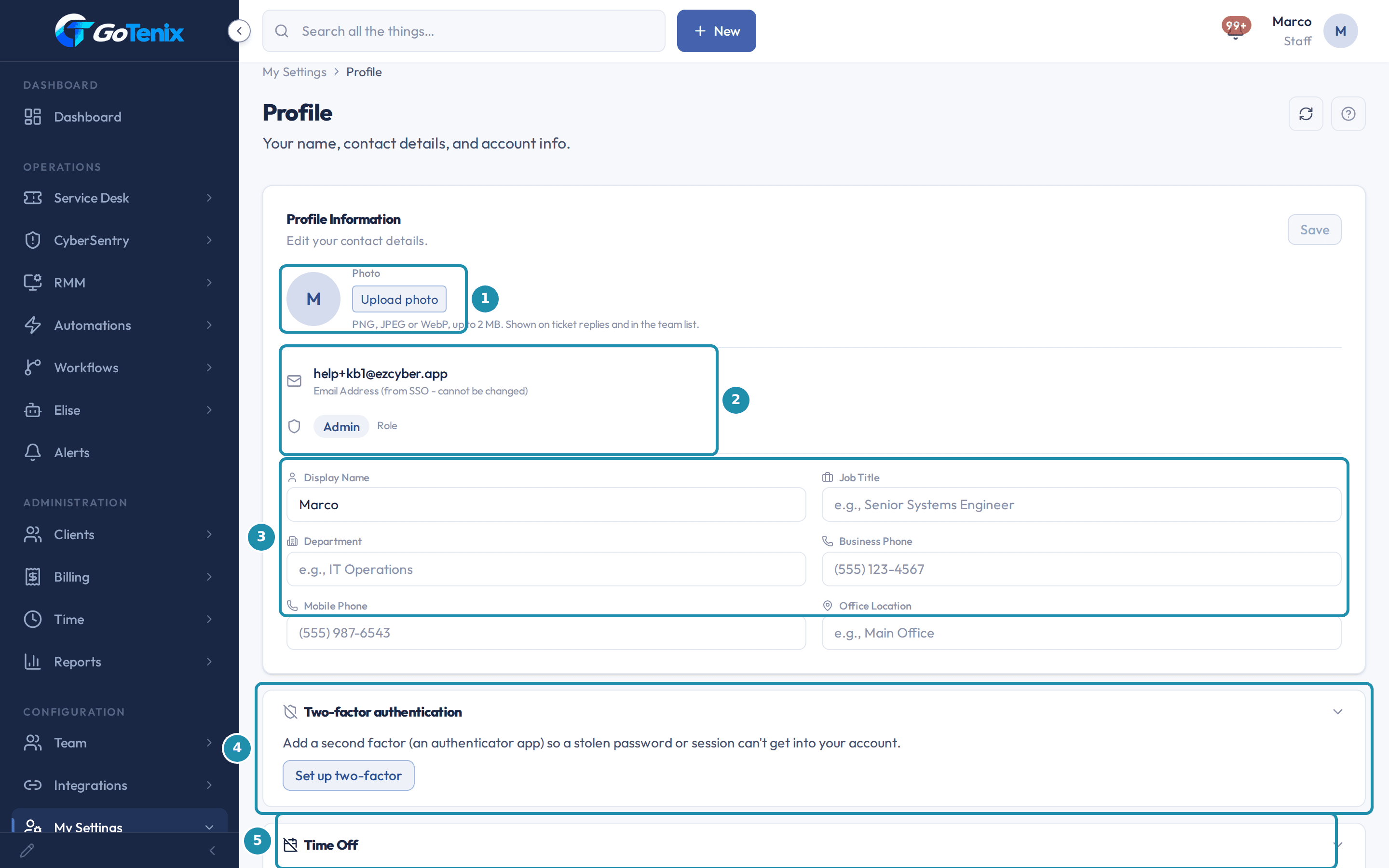 My Settings, Profile page with numbered badges on the photo, the sign-in email and role, the profile fields, the two-factor authentication card and the Time Off card.