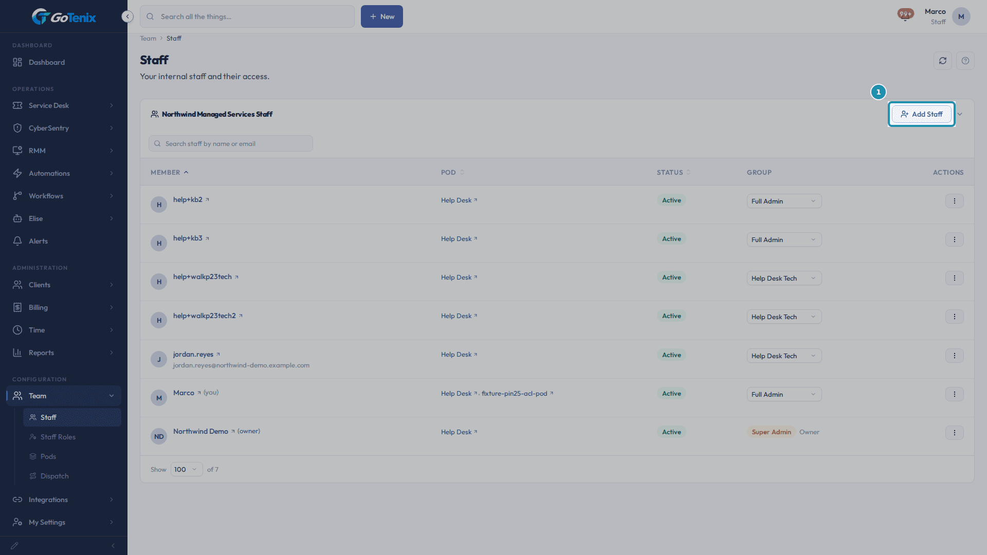 The Staff page with the Add Staff button boxed at the top right of the staff list.