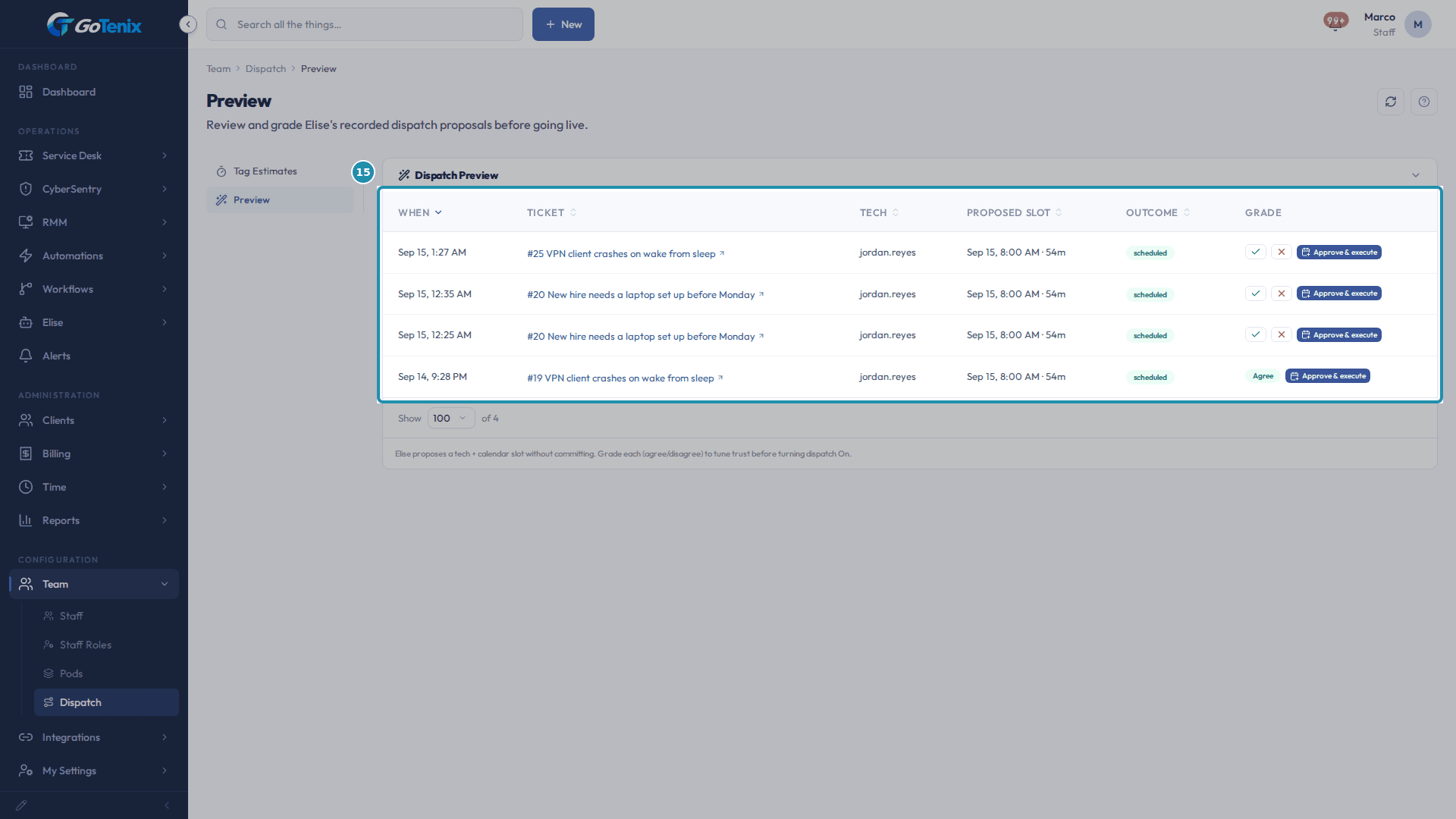 The Dispatch Preview page with its table of proposed dispatches boxed: when, ticket, tech, proposed slot and outcome.
