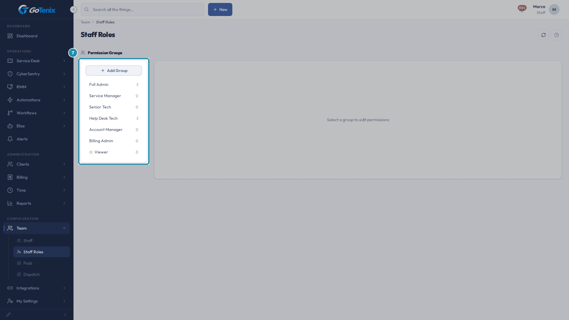 The Staff Roles page with the list of built-in permission groups boxed, from Full Admin to Viewer.