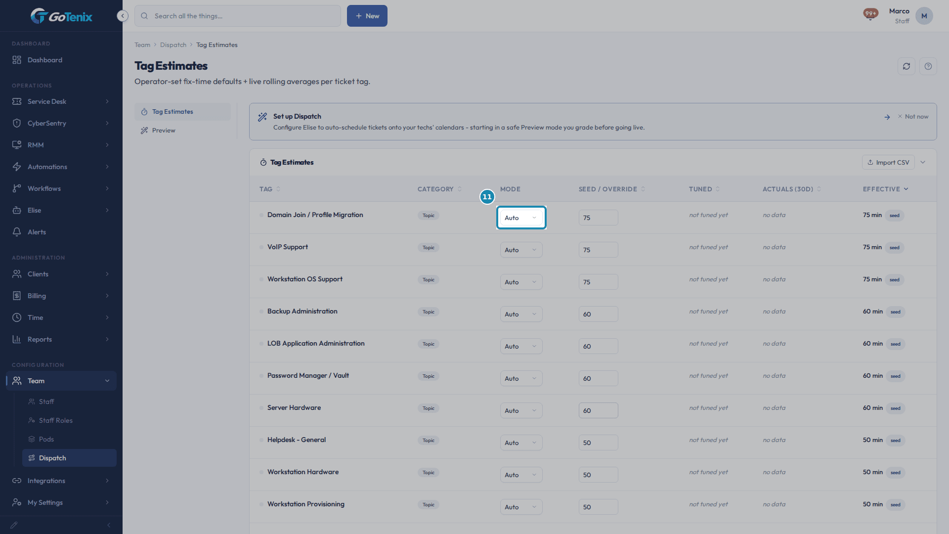 The Tag Estimates page with the Mode choice, Auto, boxed on the first tag row.