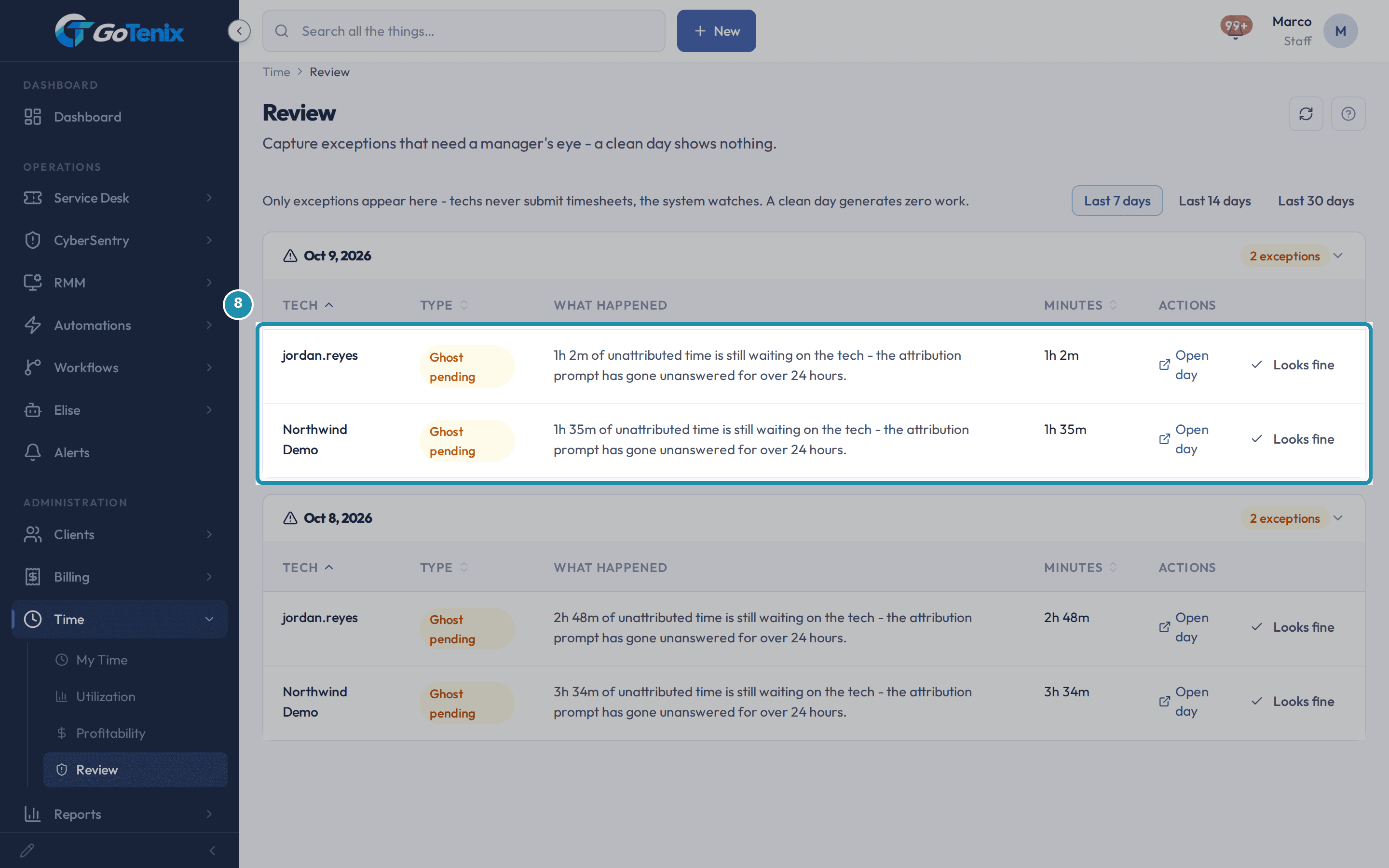 The Review page under Time listing Ghost pending exceptions for Oct 9, 2026, with the first two rows boxed, each showing a type, a short reason, minutes, an Open day link and a Looks fine button.