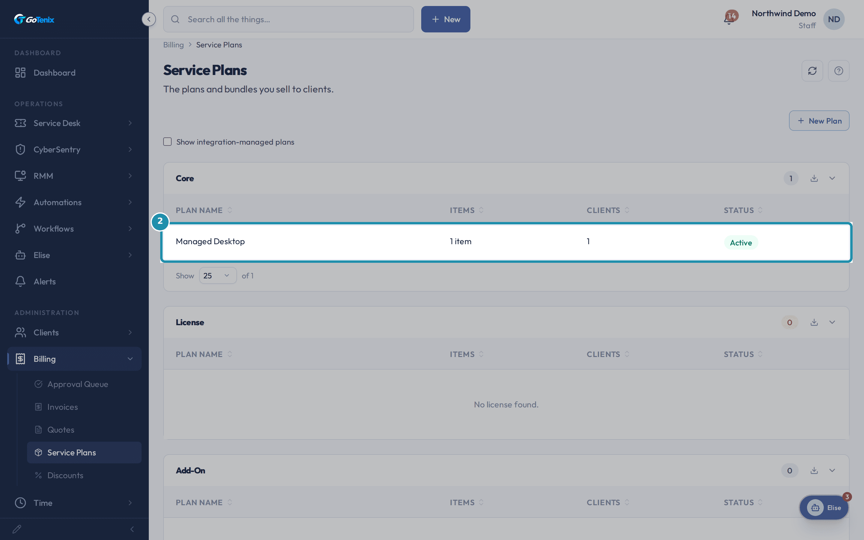 The Service Plans catalog's Core section, showing Managed Desktop with 1 item, 1 client and an Active status.