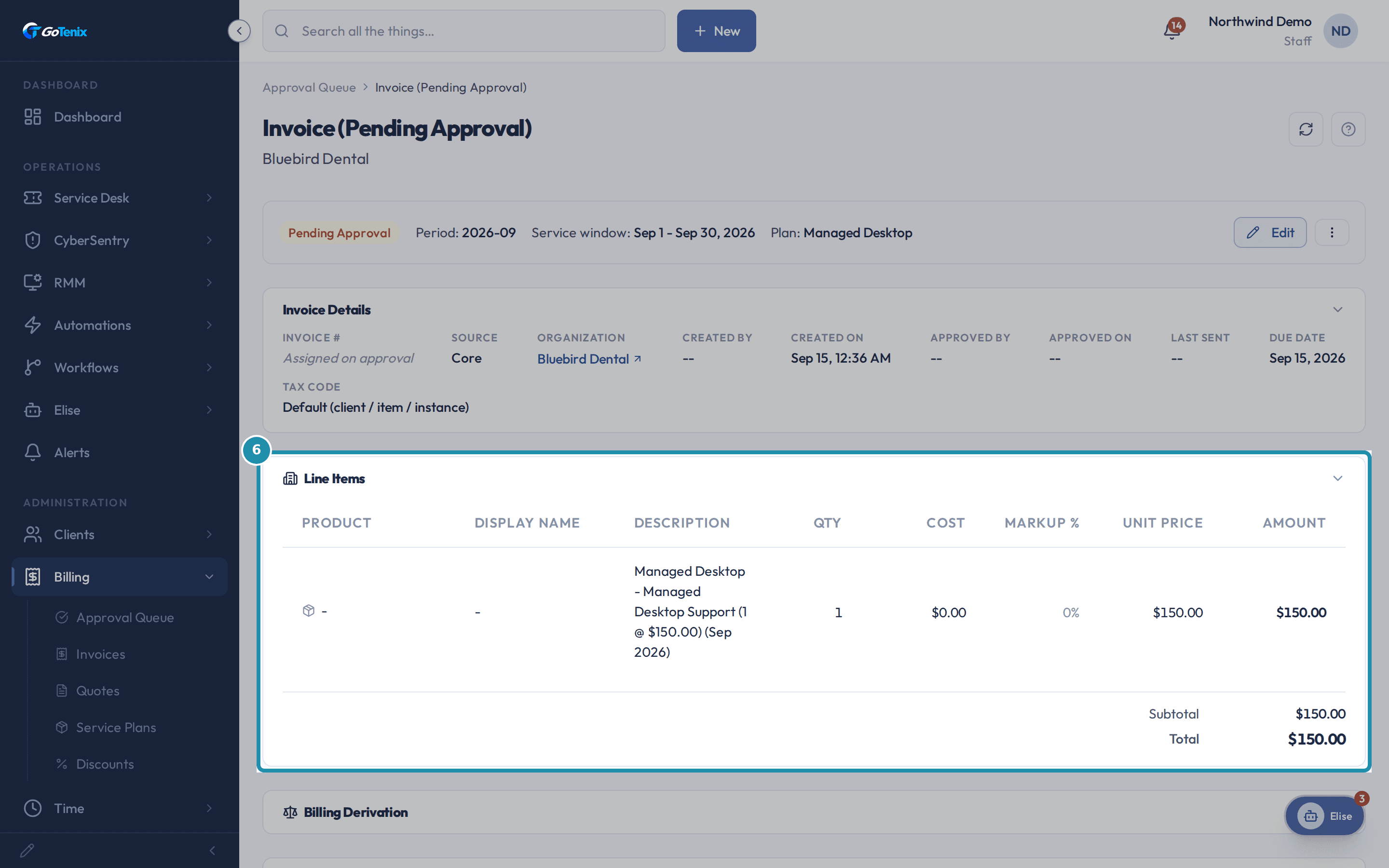 A Pending Approval invoice's Line Items table showing one Managed Desktop Support line for $150.00 and a matching Total.