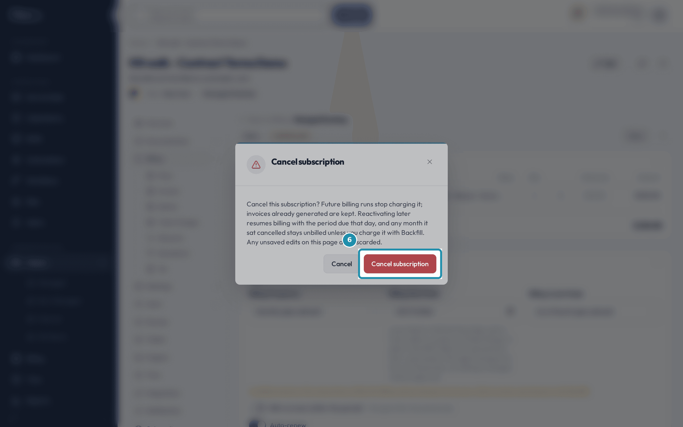 The Cancel subscription confirm dialog, with its own Cancel subscription button called out.