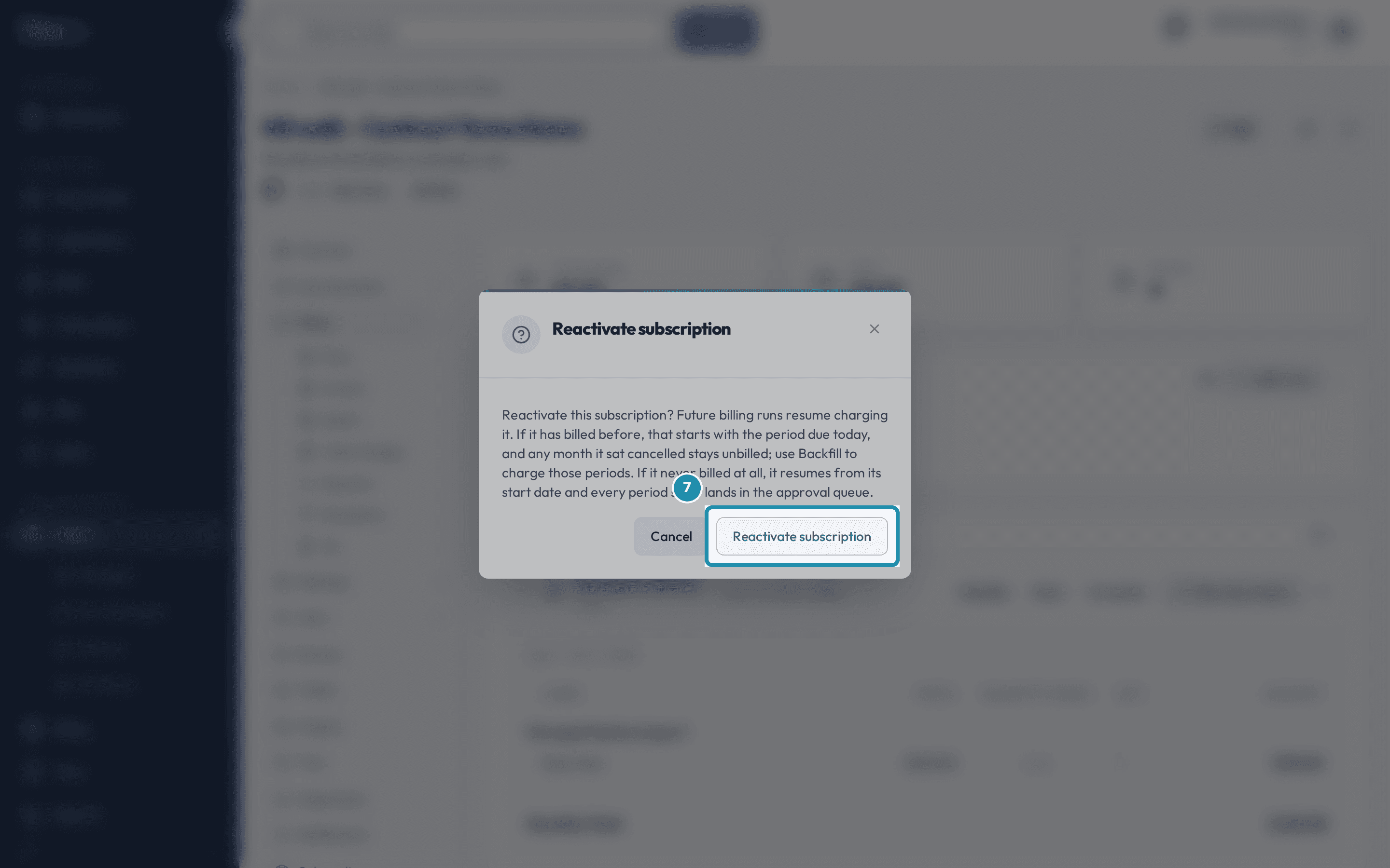 The Reactivate subscription confirm dialog, with its own Reactivate subscription button called out.