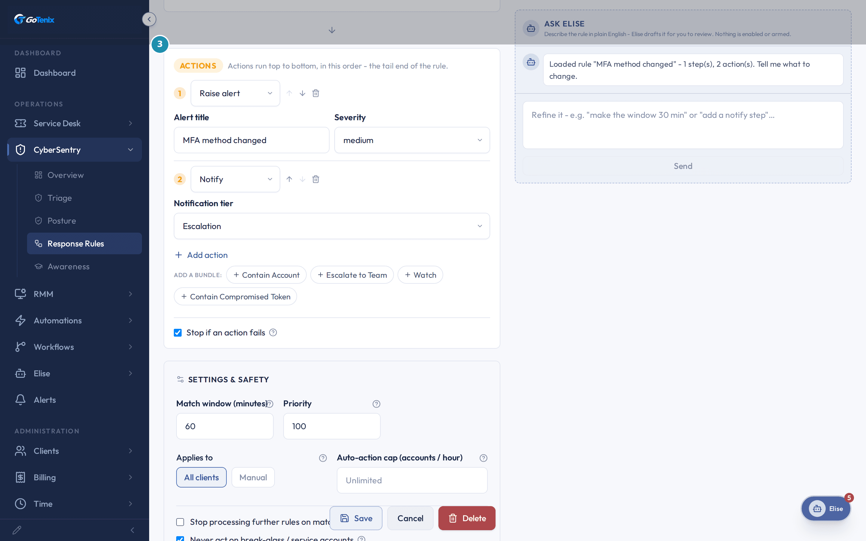 The ACTIONS card on the MFA method changed rule: a Raise alert action and a Notify action stacked in order, four bundle buttons (Contain Account, Escalate to Team, Watch, Contain Compromised Token), and a checked Stop if an action fails box.