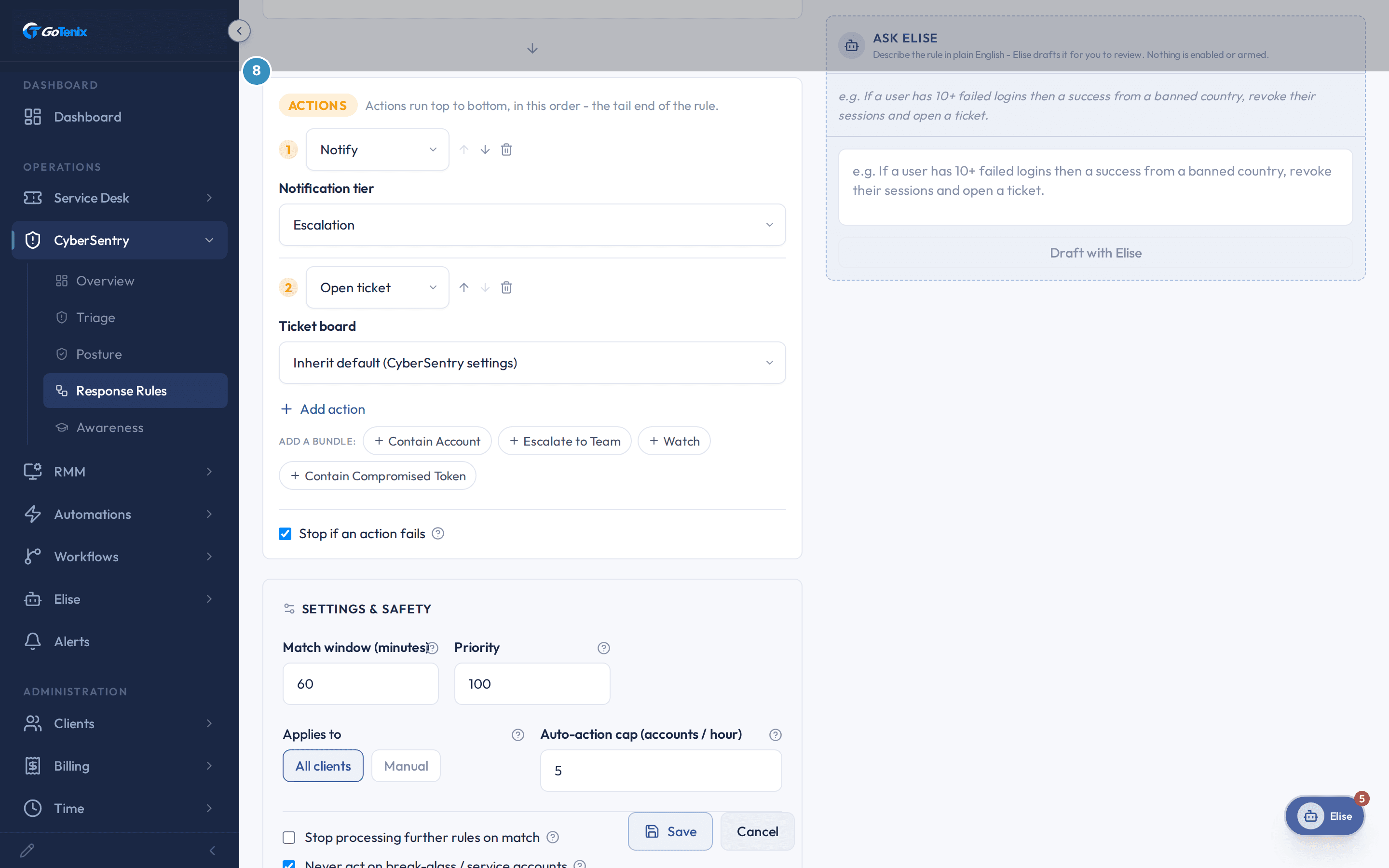 The ACTIONS card with two actions in order: Notify (Notification tier Escalation) and Open ticket (Ticket board Inherit default (CyberSentry settings)).