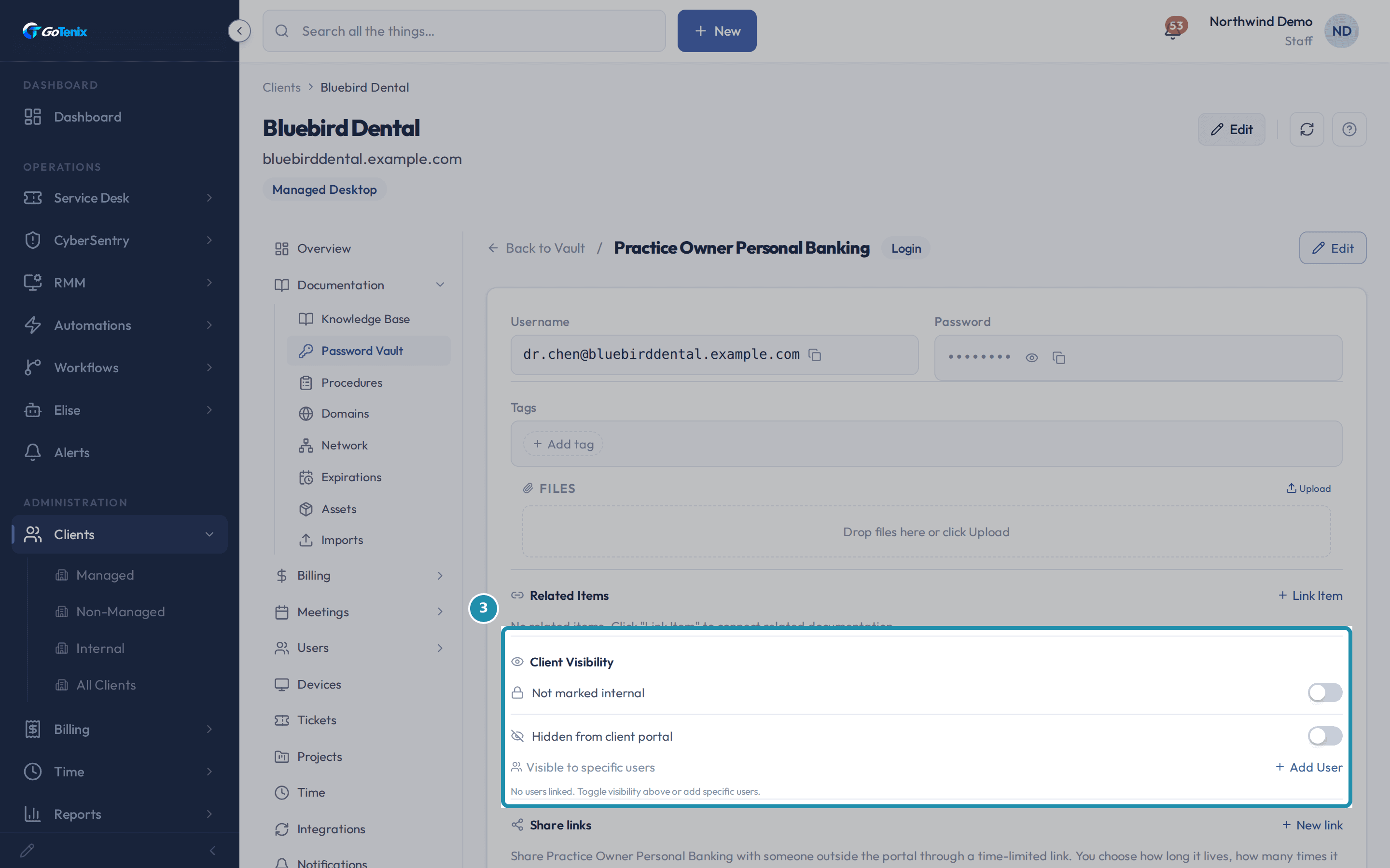The Client Visibility panel on Practice Owner Personal Banking: Not marked internal and Hidden from client portal are both off, and Visible to specific users shows an Add User button.