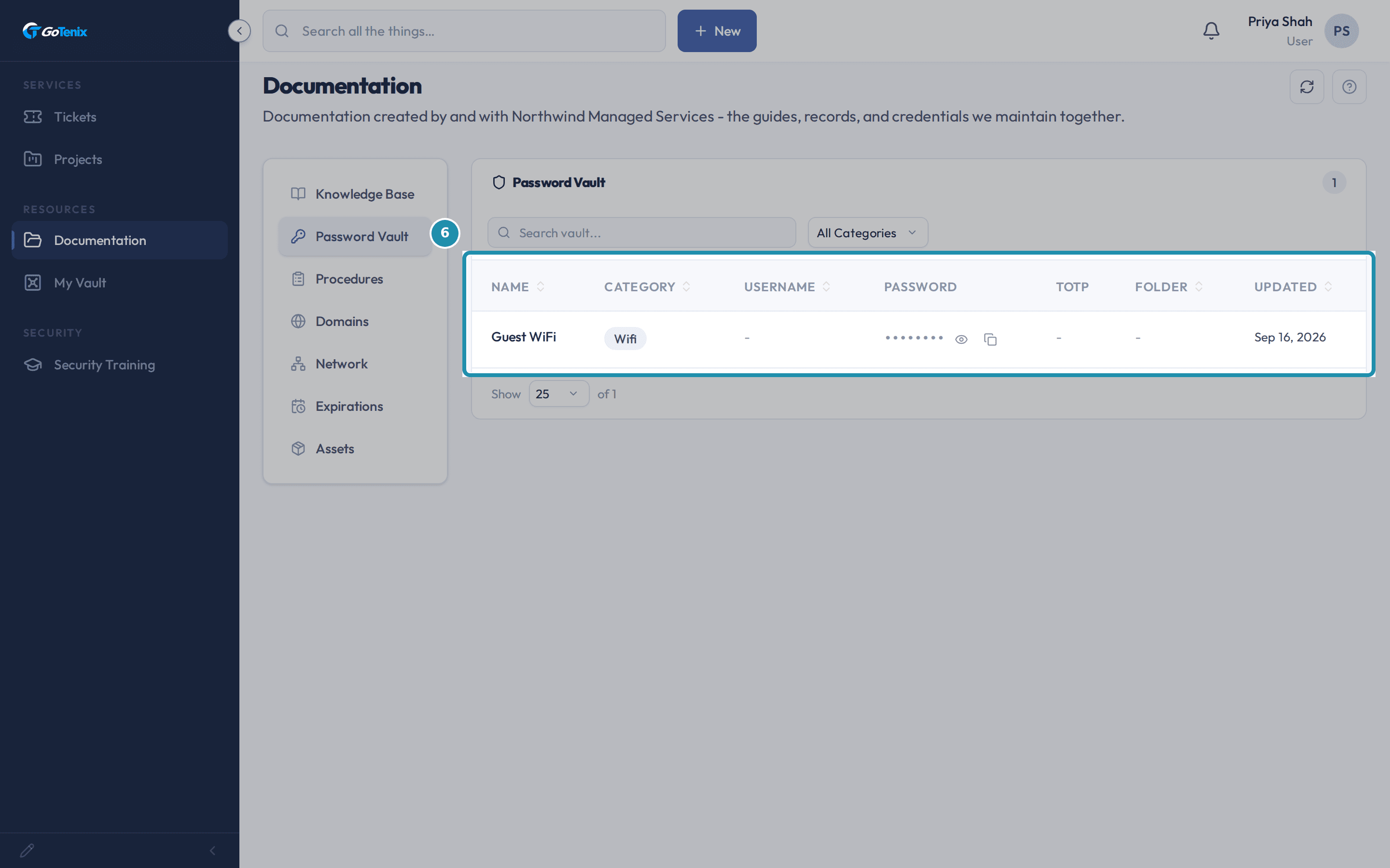 The client portal Password Vault for a client user, listing only the Guest WiFi entry with its password hidden behind dots.