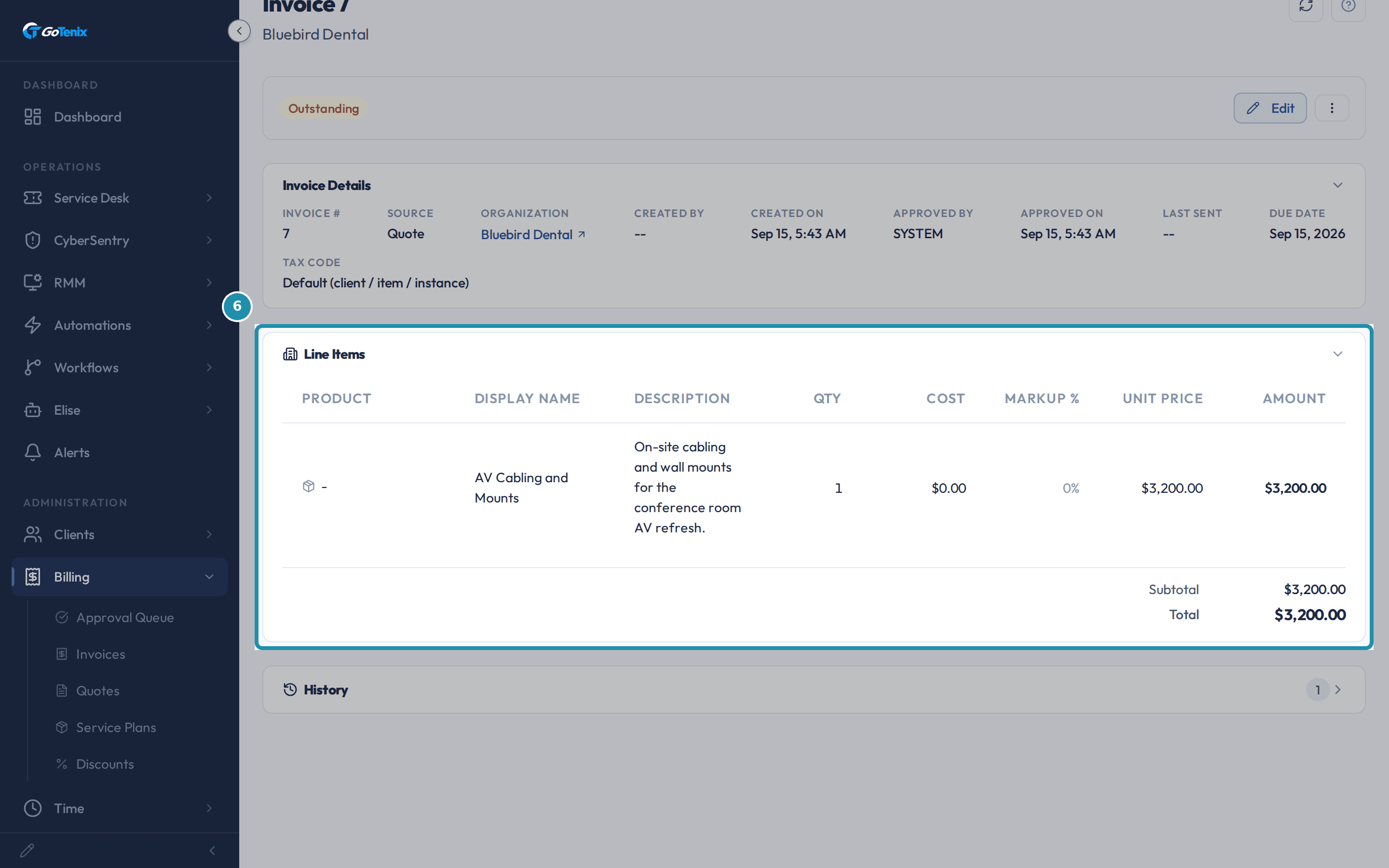 A quote invoice's Line Items panel with one line item and an Approved By value of SYSTEM.