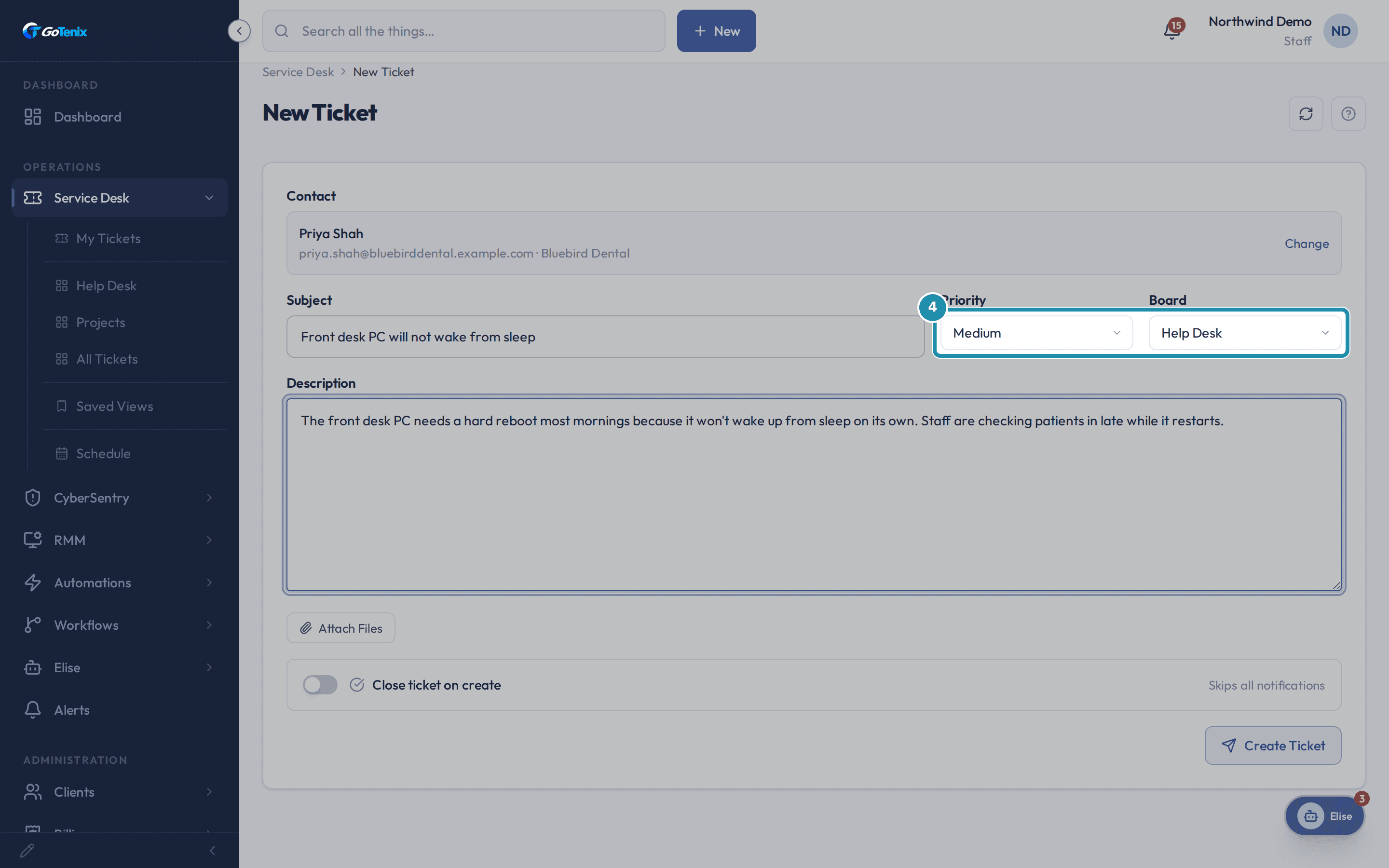 The Priority dropdown set to Medium next to the Board dropdown showing Help Desk.