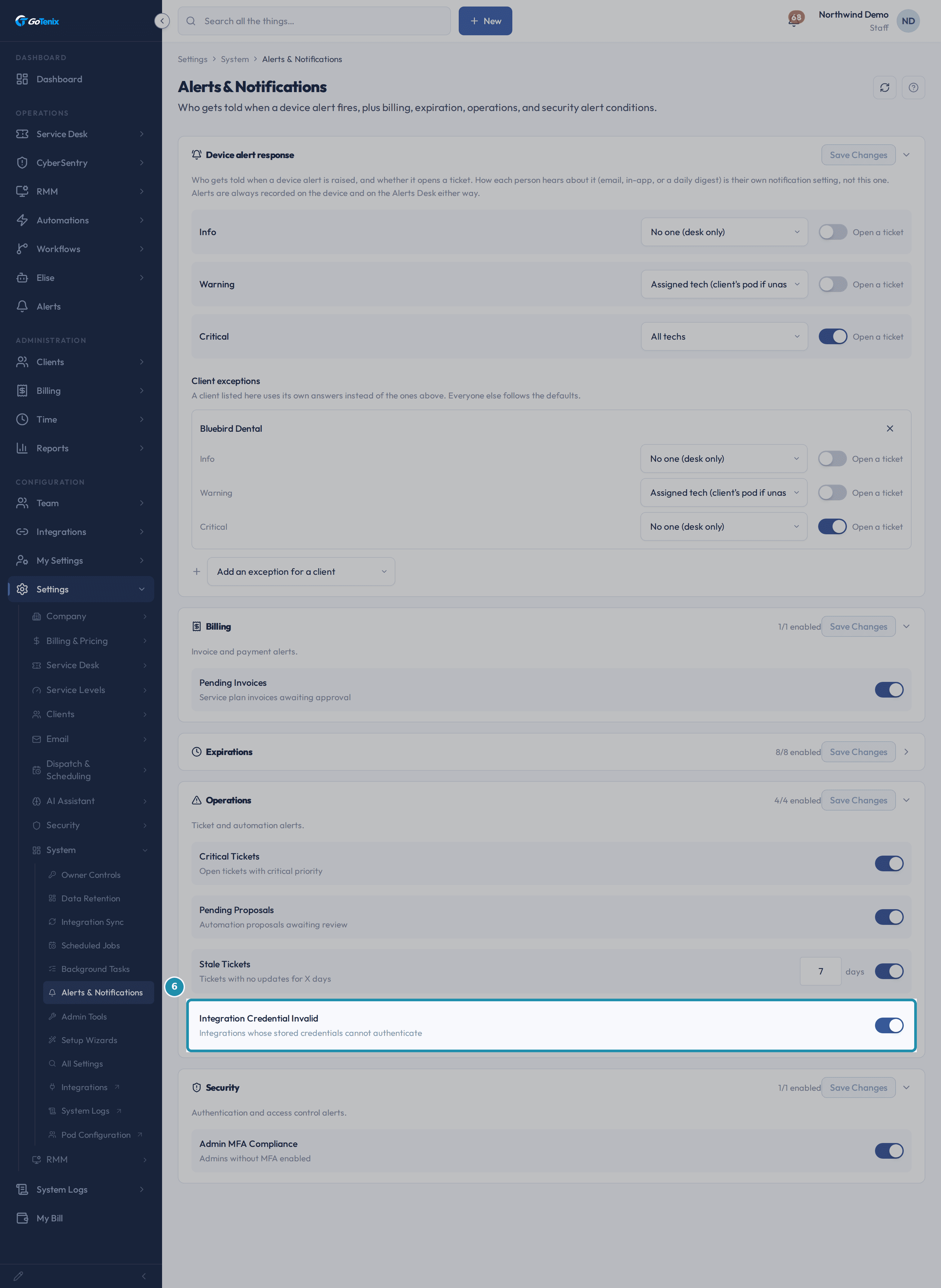 The Operations card with the Integration Credential Invalid row boxed, switched on, described as integrations whose stored credentials cannot authenticate.