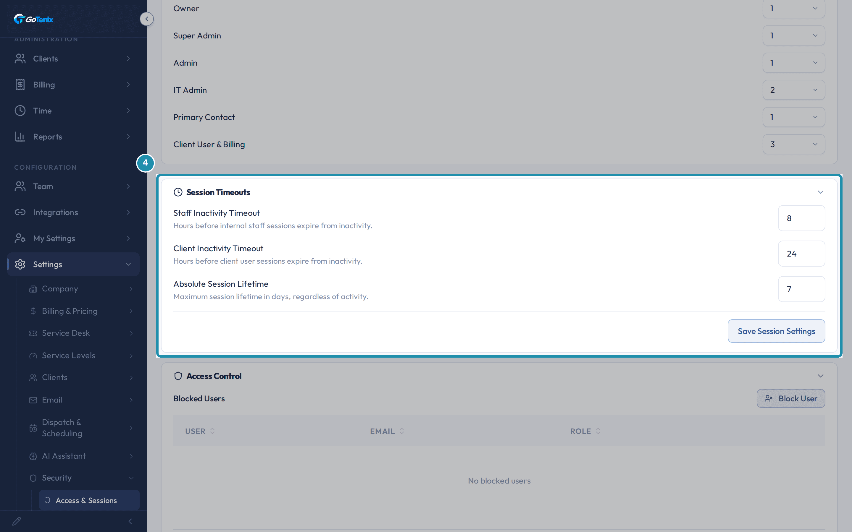 The Session Timeouts card with Staff Inactivity Timeout at 8, Client Inactivity Timeout at 24, Absolute Session Lifetime at 7, and a Save Session Settings button.