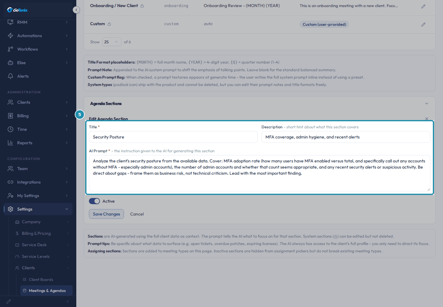 The Title, Description and AI Prompt fields on the Edit Agenda Section panel, boxed, showing Security Posture's title, description and prompt.