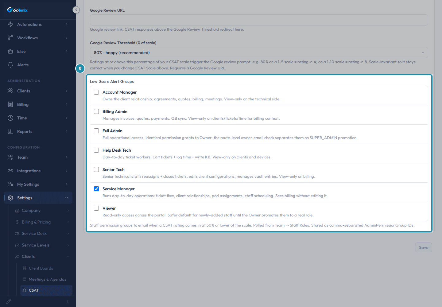The Low-Score Alert Groups list on the CSAT page, boxed, showing Service Manager checked.