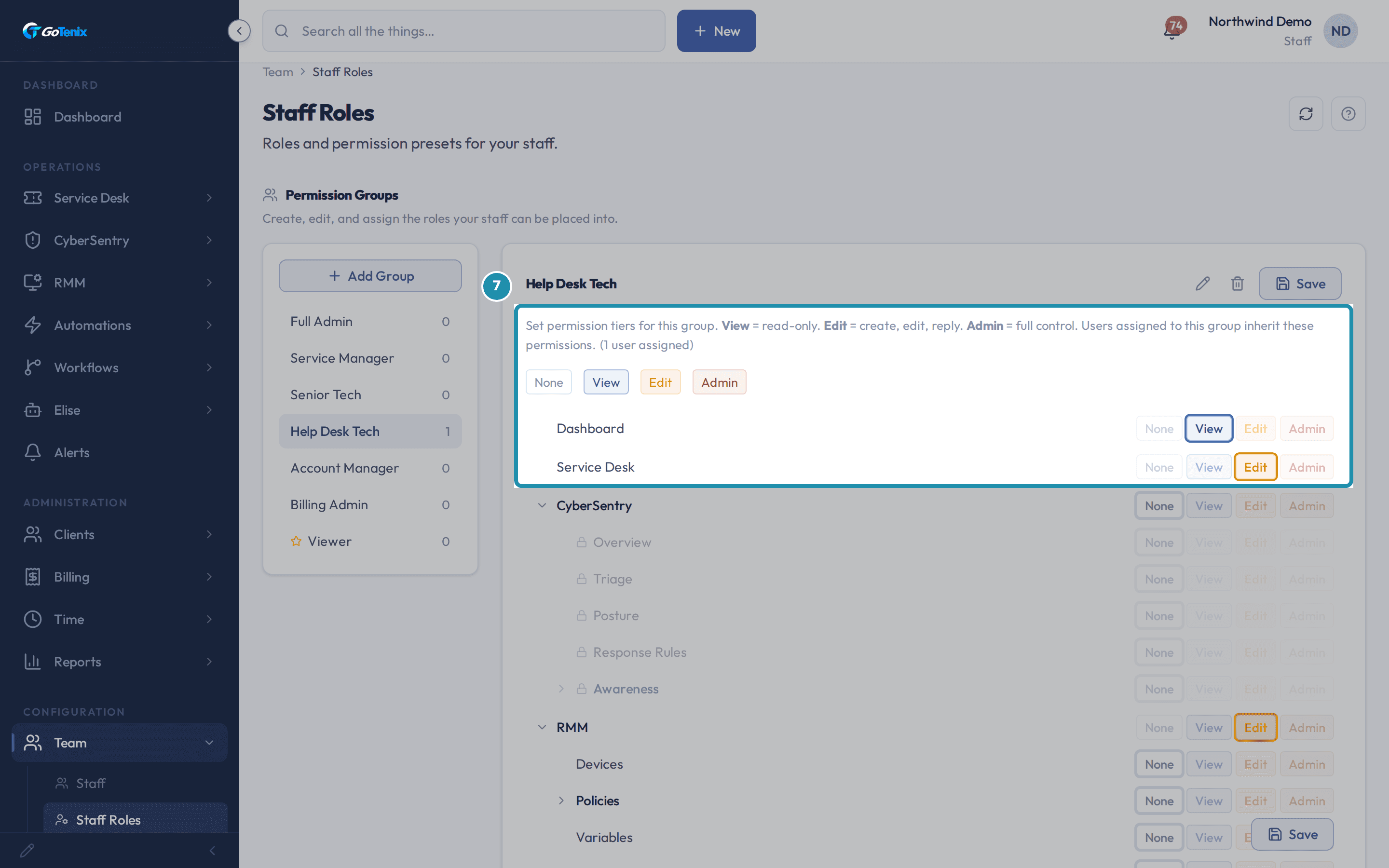 The Help Desk Tech permission group editor, with the tier legend above and the Dashboard (View) and Service Desk (Edit) rows boxed.